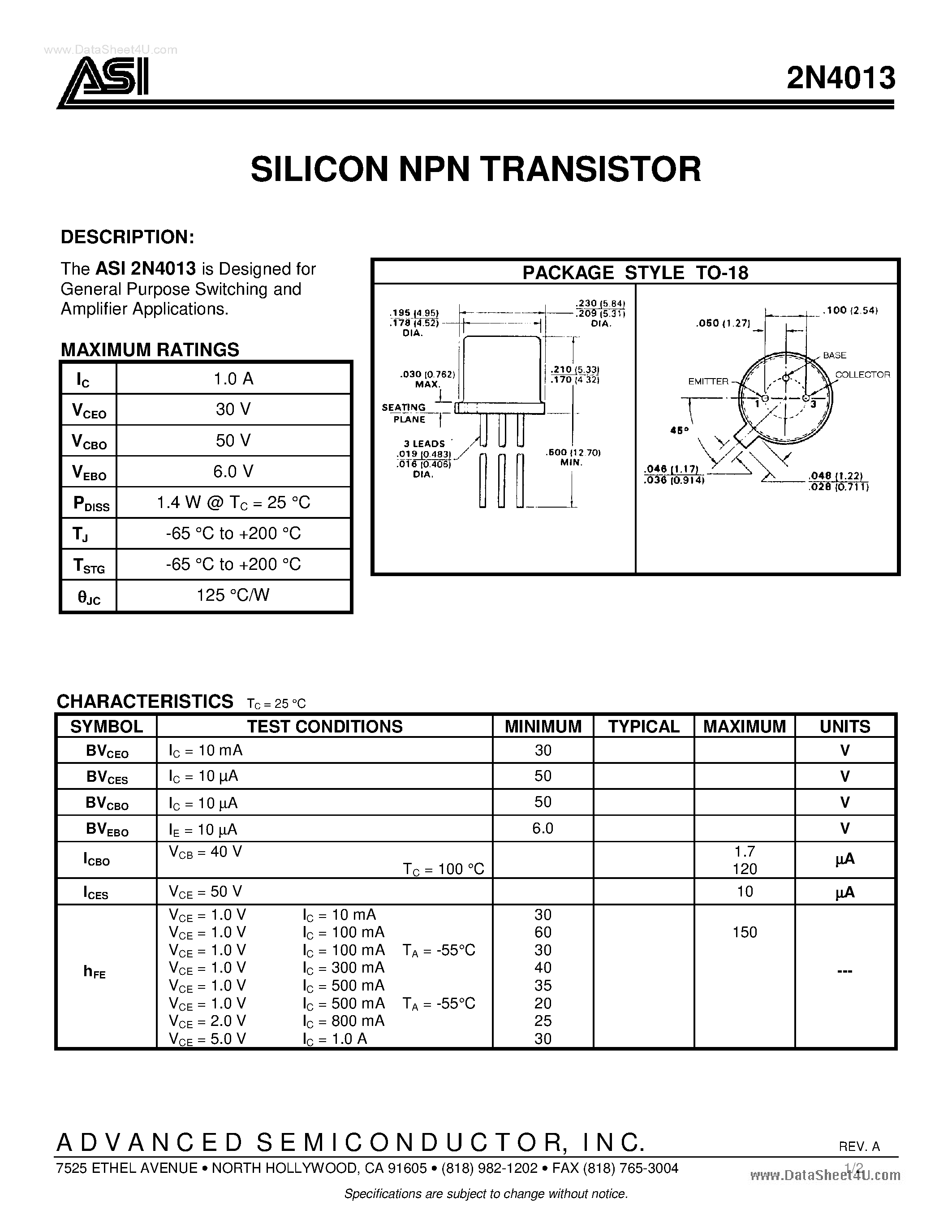 Datasheet 2N4013 - Silicon NPN Transistor page 1