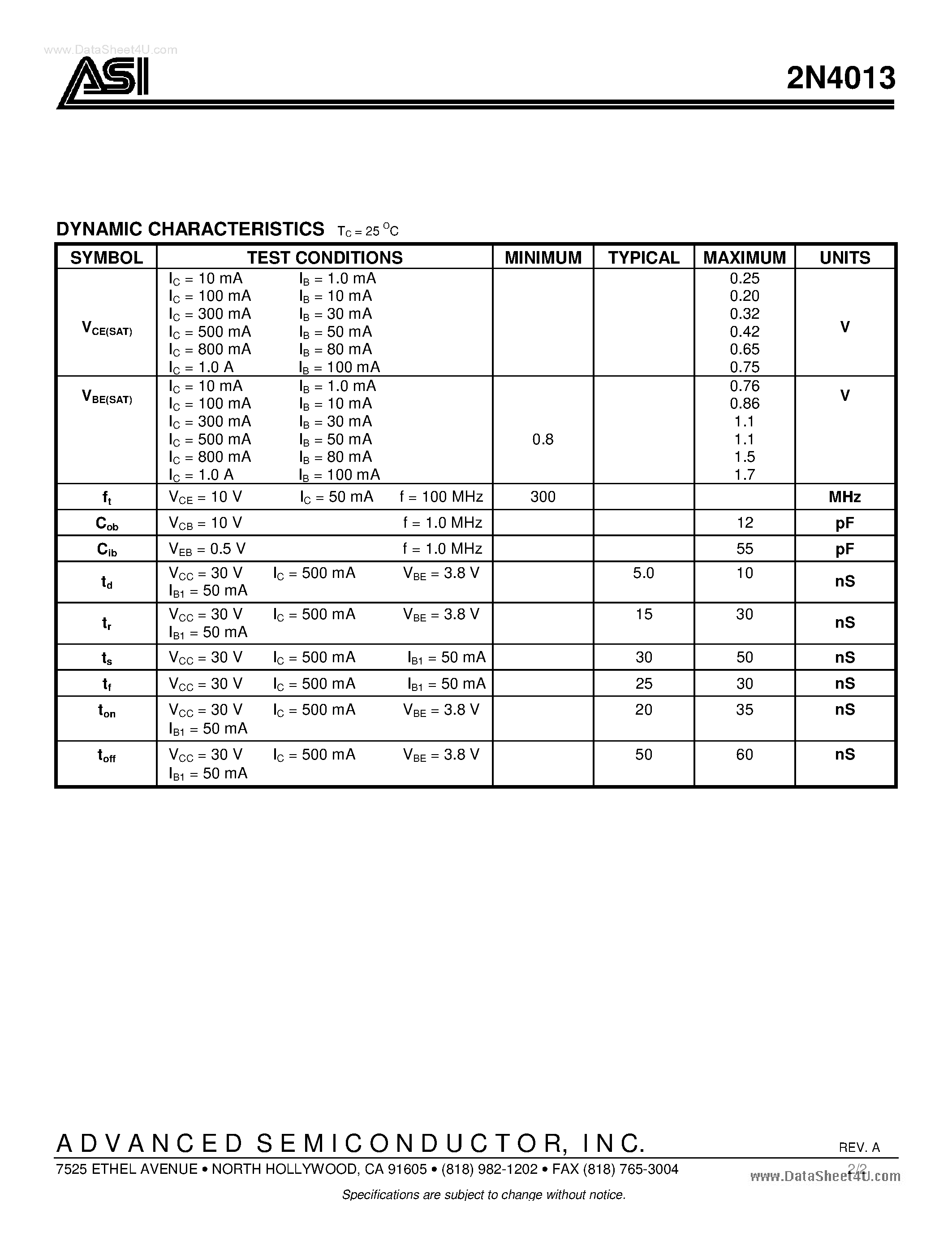 Datasheet 2N4013 - Silicon NPN Transistor page 2