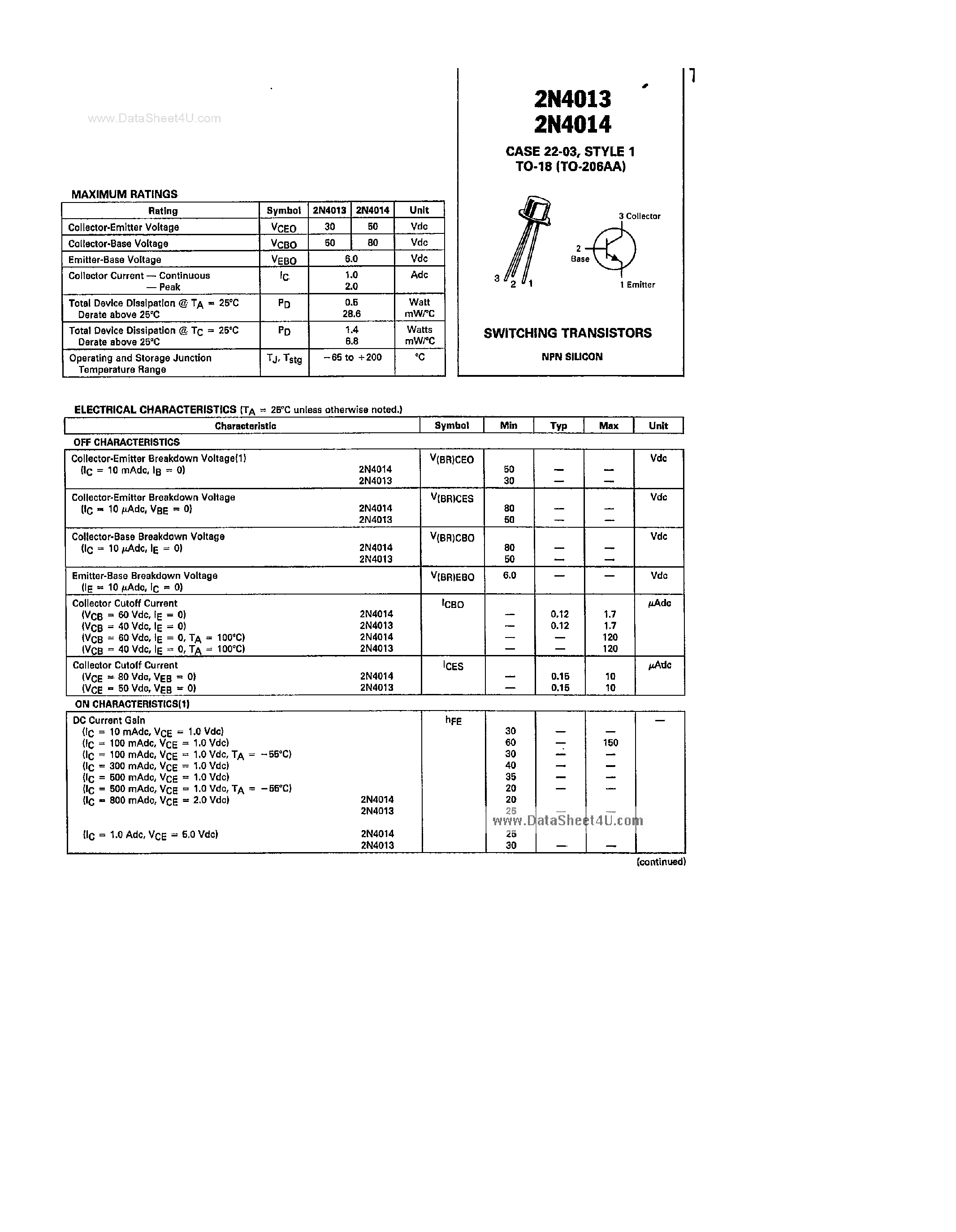 Даташит на микросхему 2N4013 страница 1 Даташит 2N4013 - (2N4013 / 2N4014) Transistors страница 1
