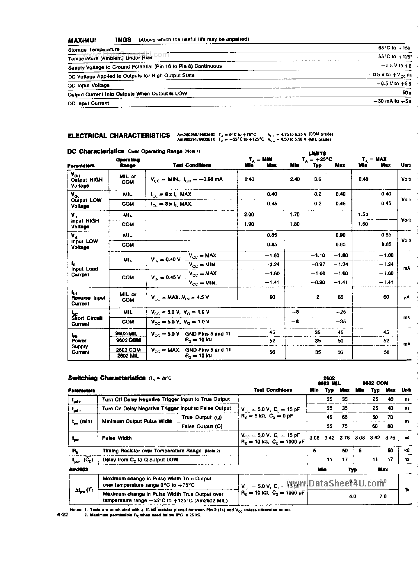 Datasheet AM2602 - Dual Retriggerable Resettable Monostable Multivibrator page 2