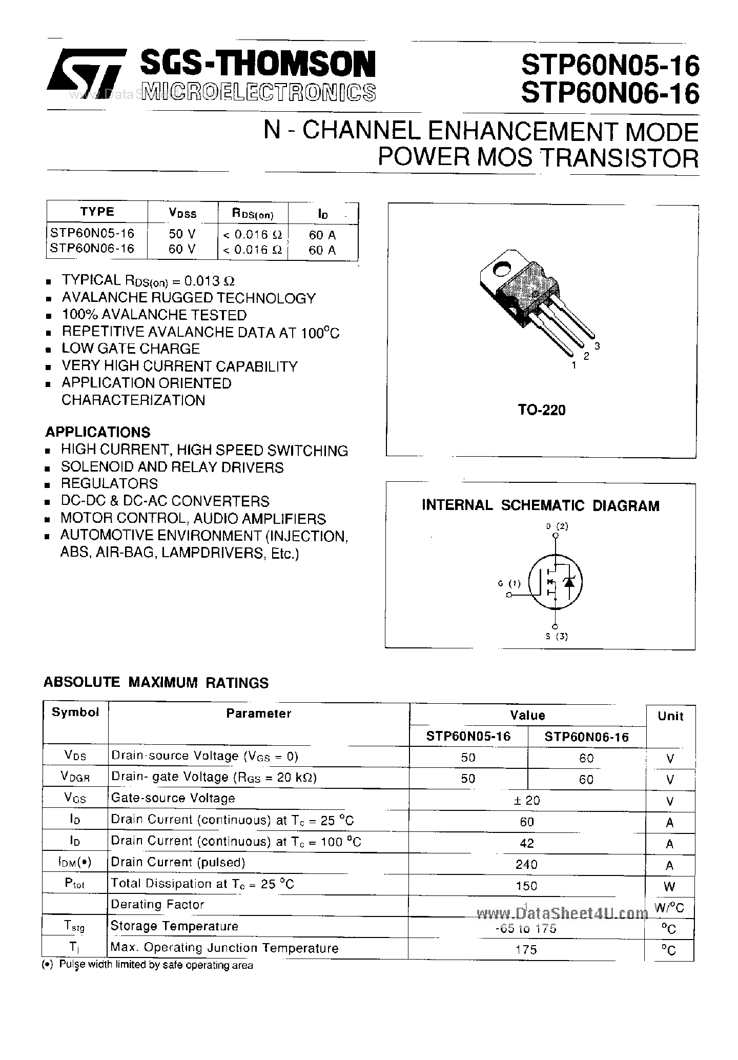 Даташит P60N05-16 - Search -----> STP60N05-16 страница 1