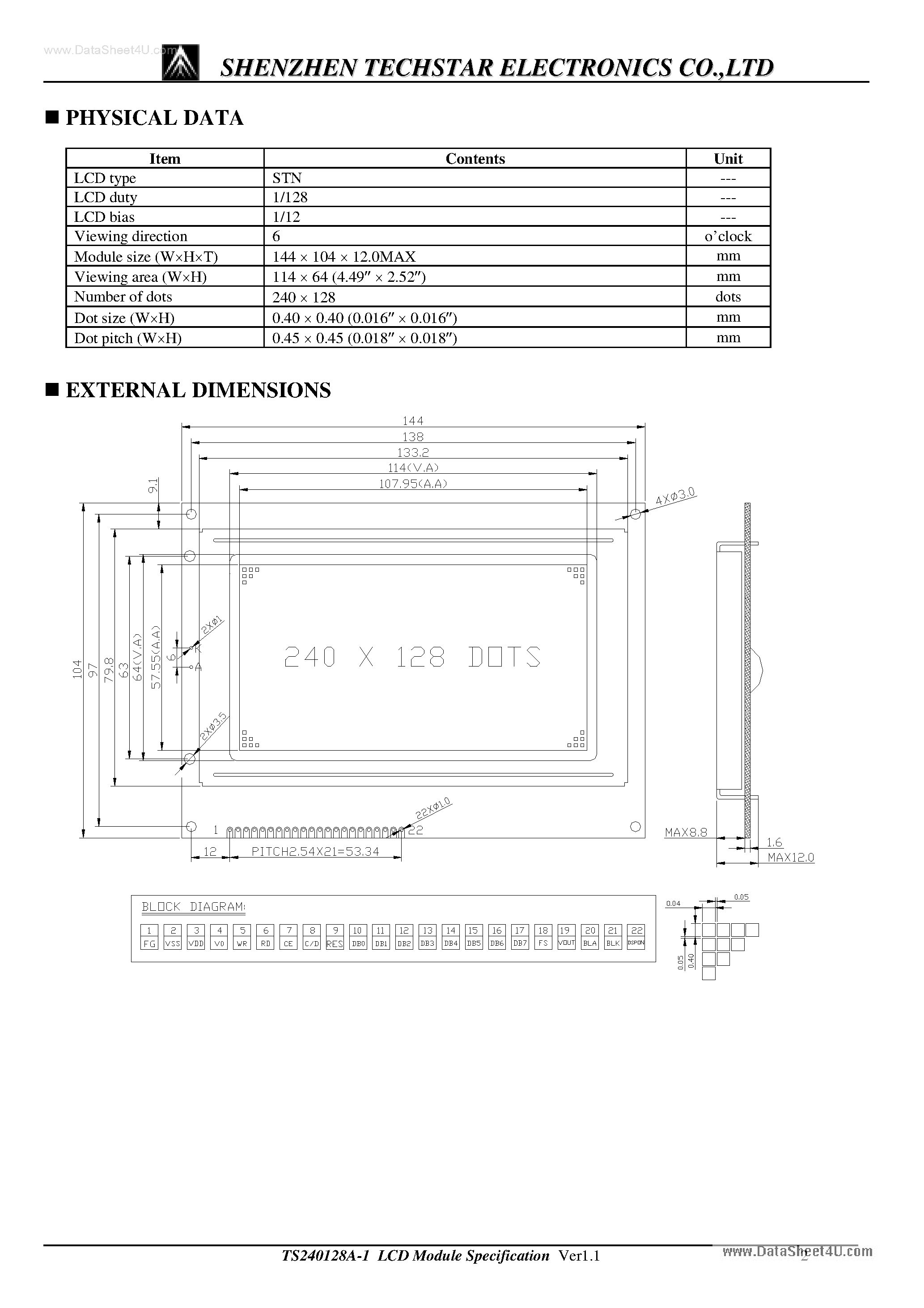 Даташит на микросхему TS240128A-1 страница 2 Даташит TS240128A-1 - LCD Module страница 2