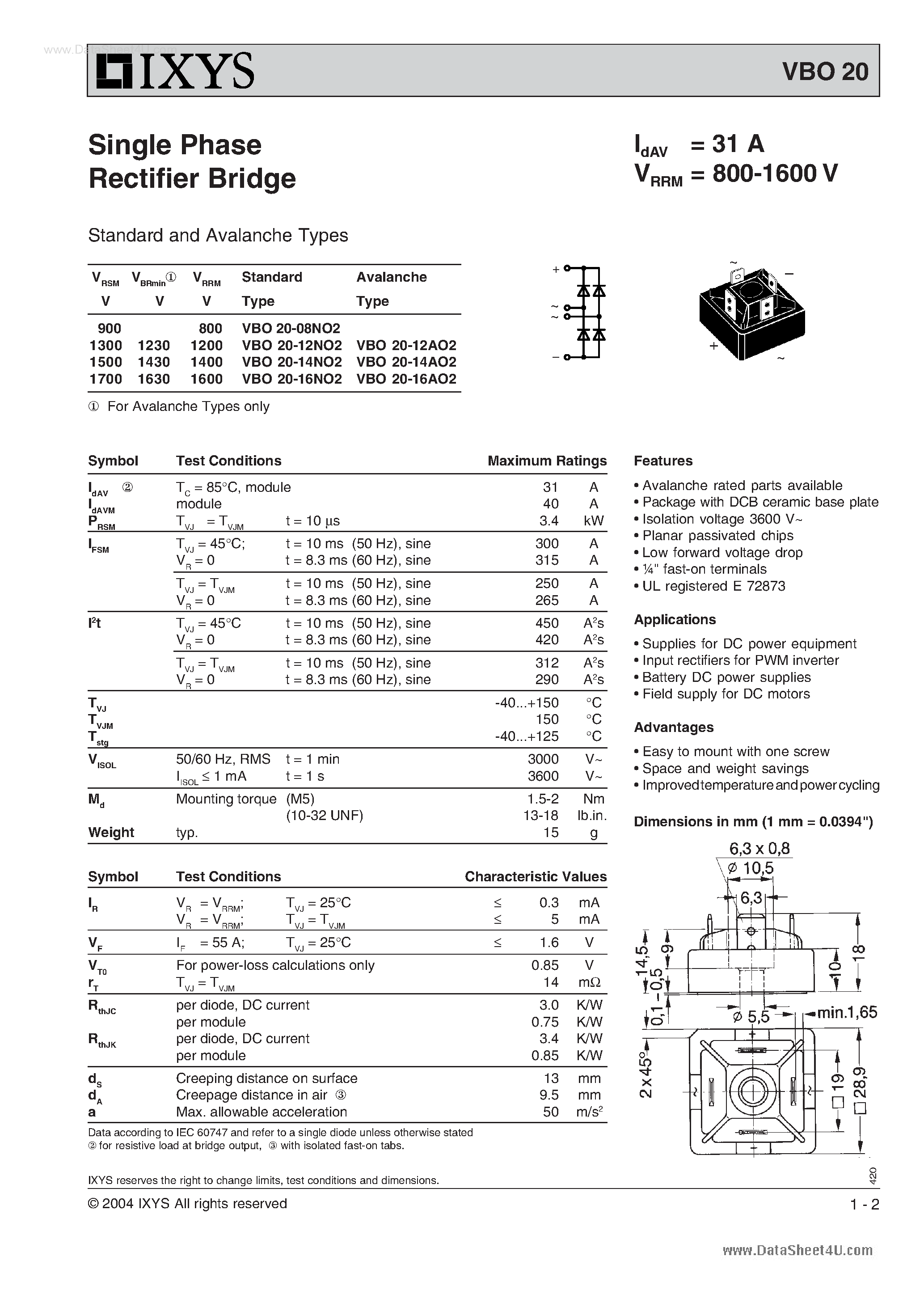 Даташит на микросхему VBO20 страница 1 Даташит VBO20 - Single Phase Rectifier Bridge - Standard and Avalanche Types страница 1