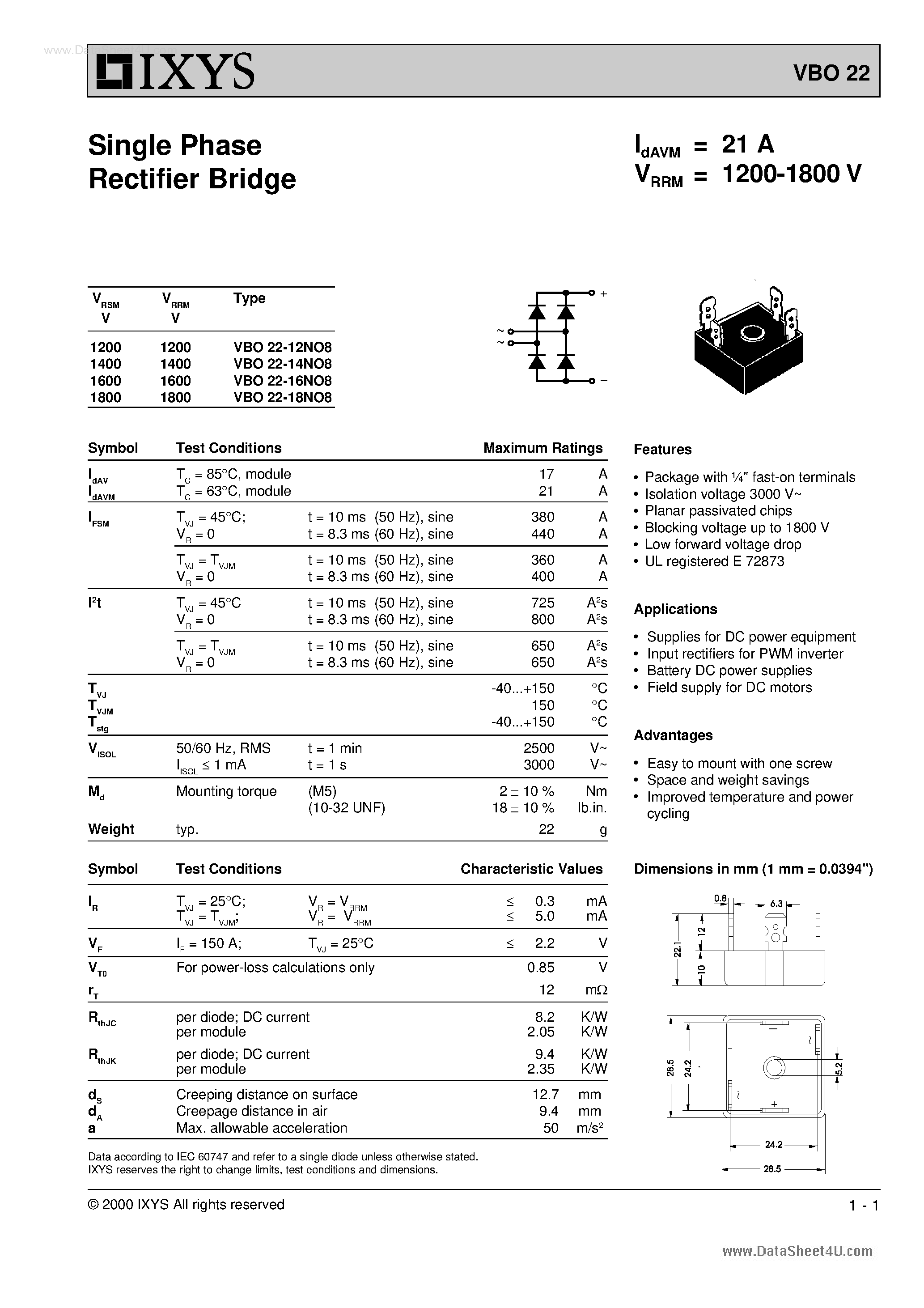 Datasheet VBO22 - Single Phase Rectifier Bridge page 1