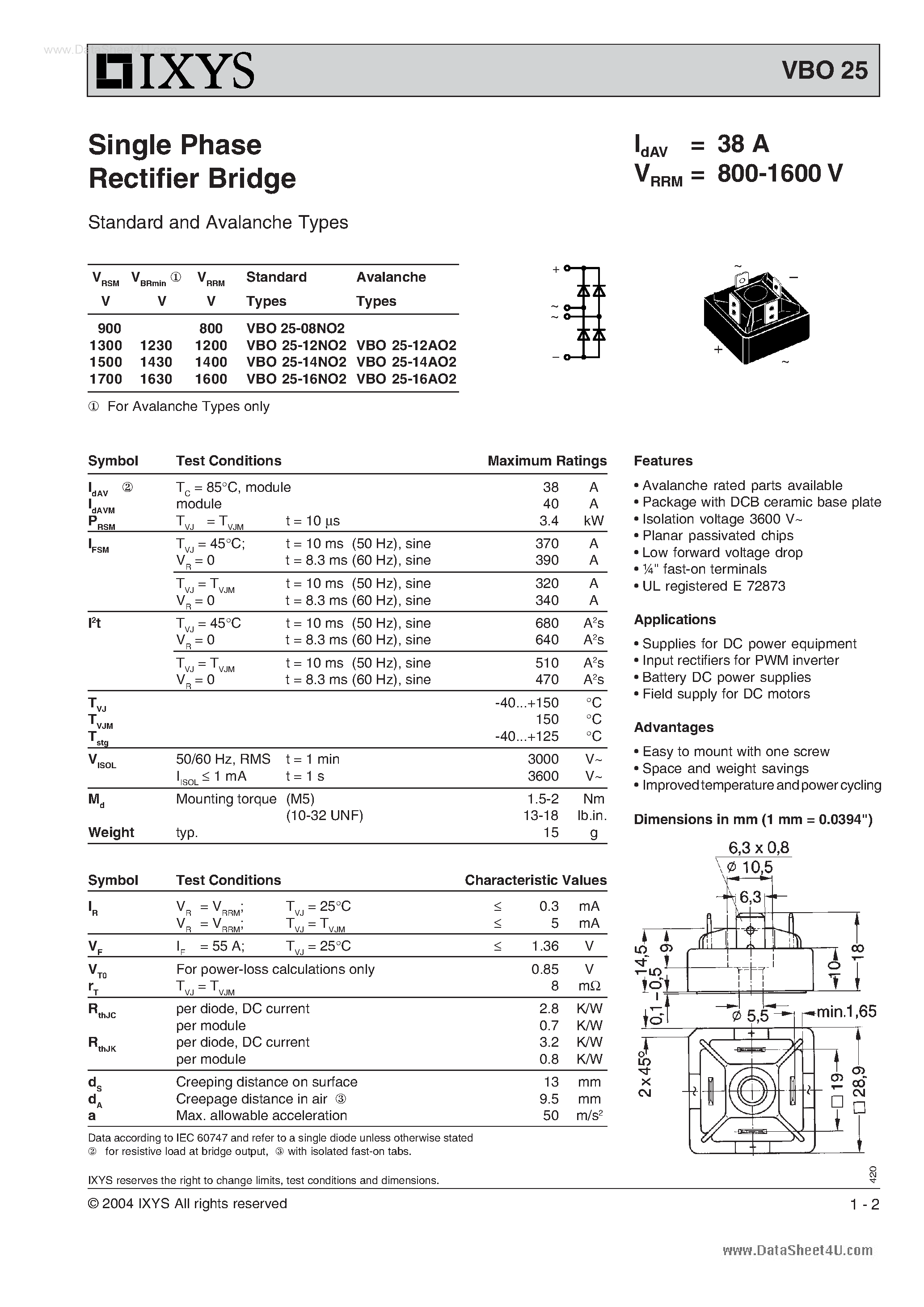 Datasheet VBO25 page 1 Datasheet VBO25 - Single Phase Rectifier Bridge page 1