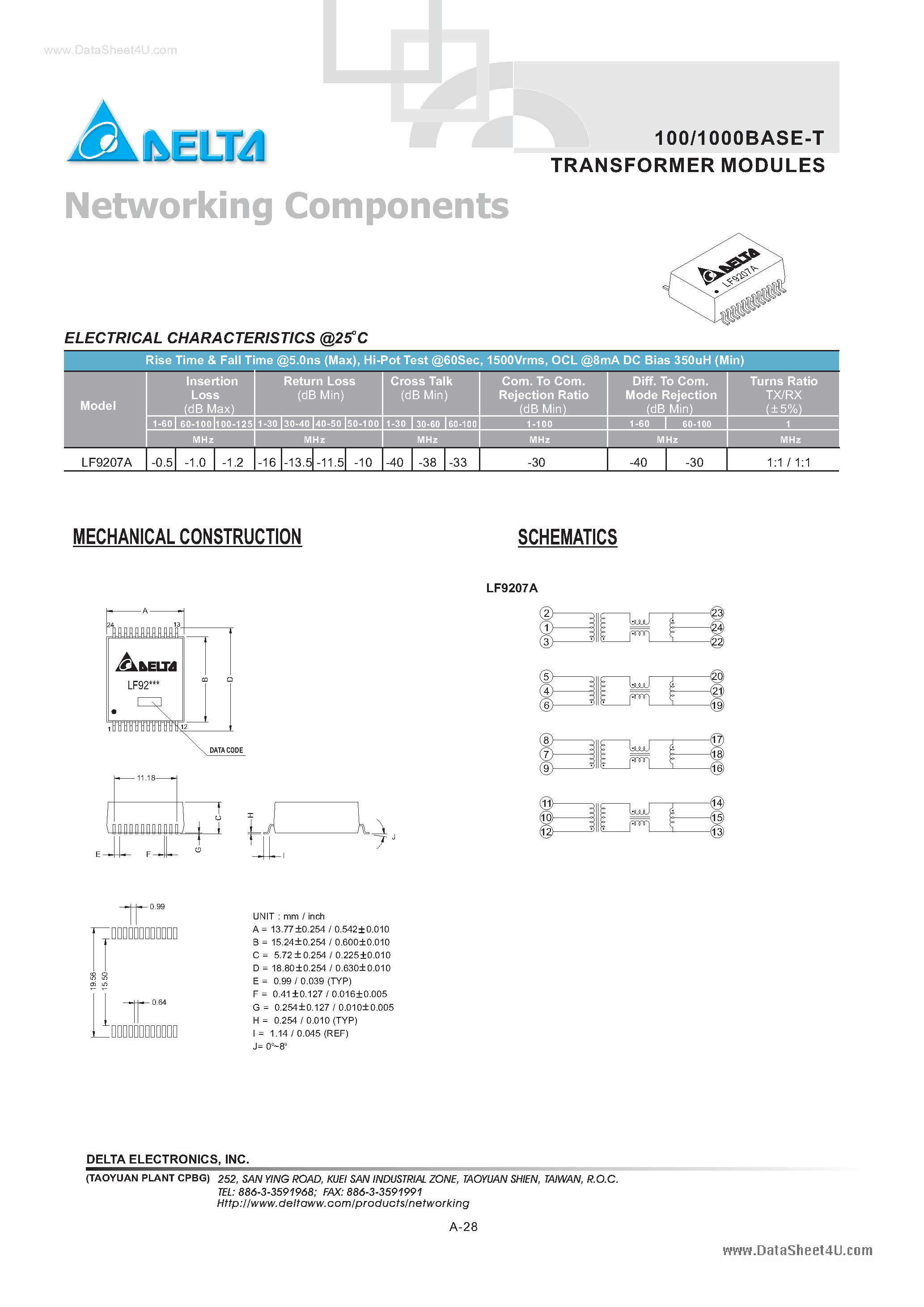 Даташит LF9207A - 100/1000BASE-T TRANSFORMER MODULES страница 1