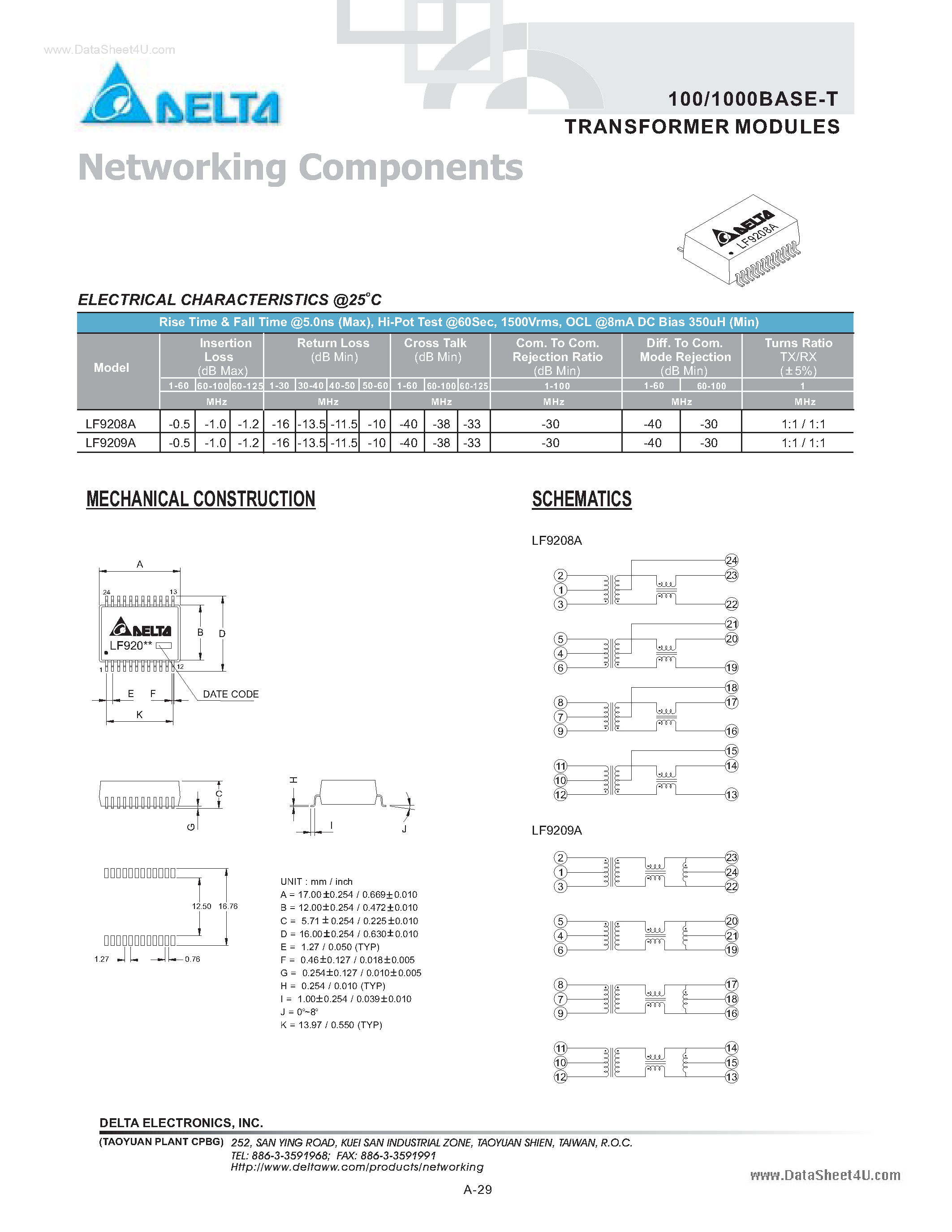 Даташит LF9208A - (LF9208A / LF9209A) 100/1000BASE-T TRANSFORMER MODULES страница 1