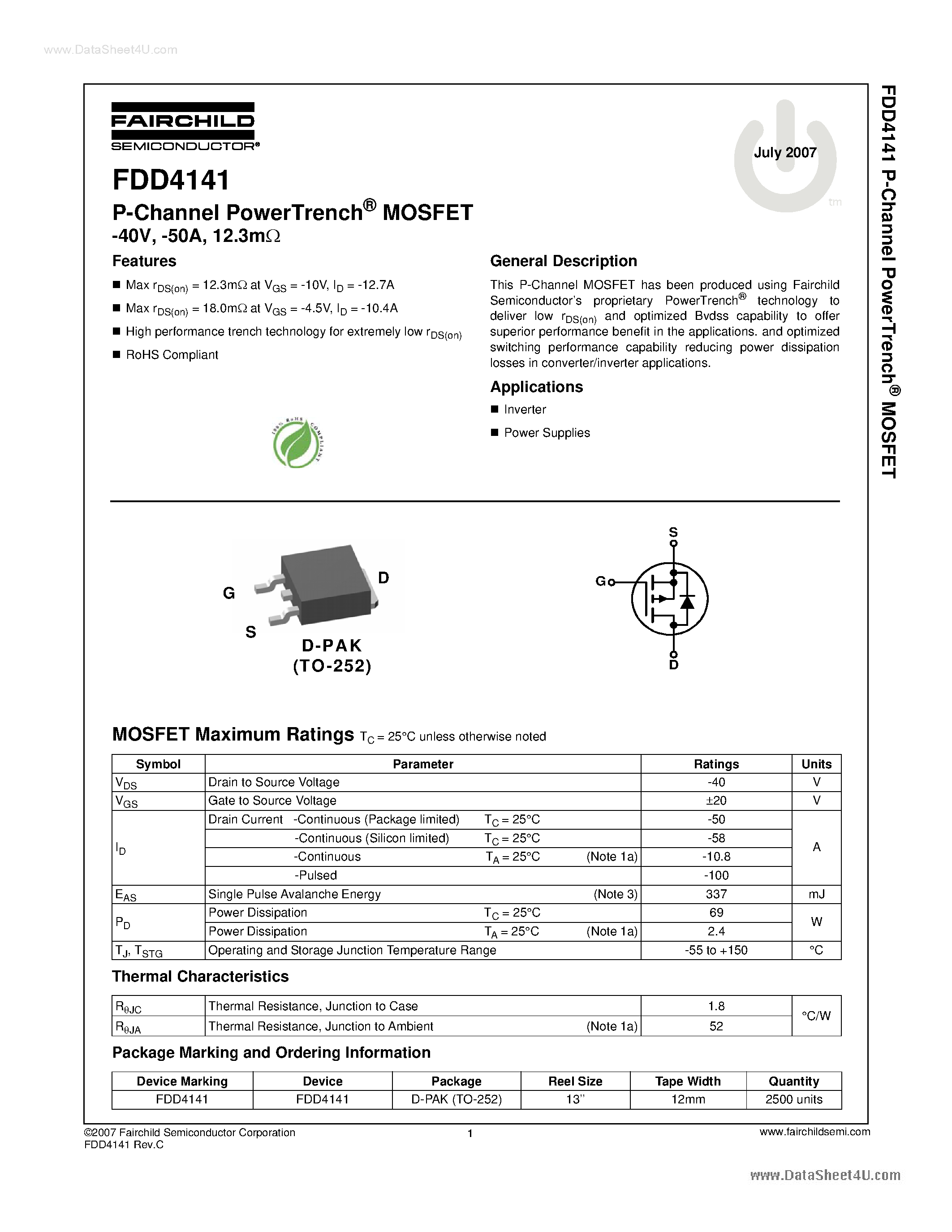 Даташит FDD4141 - P-Channel PowerTrench MOSFET страница 1