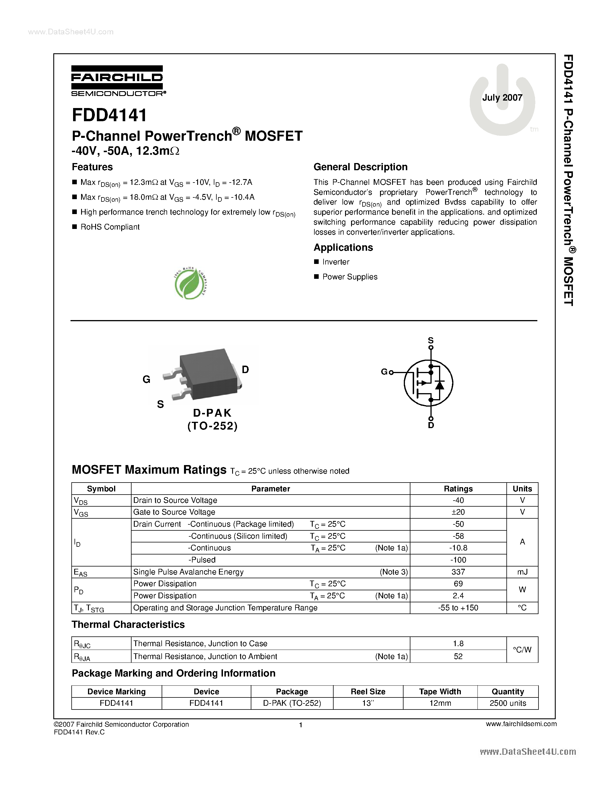 Даташит на микросхему FDD4141 страница 1 Даташит FDD4141 - P-Channel PowerTrench MOSFET страница 1