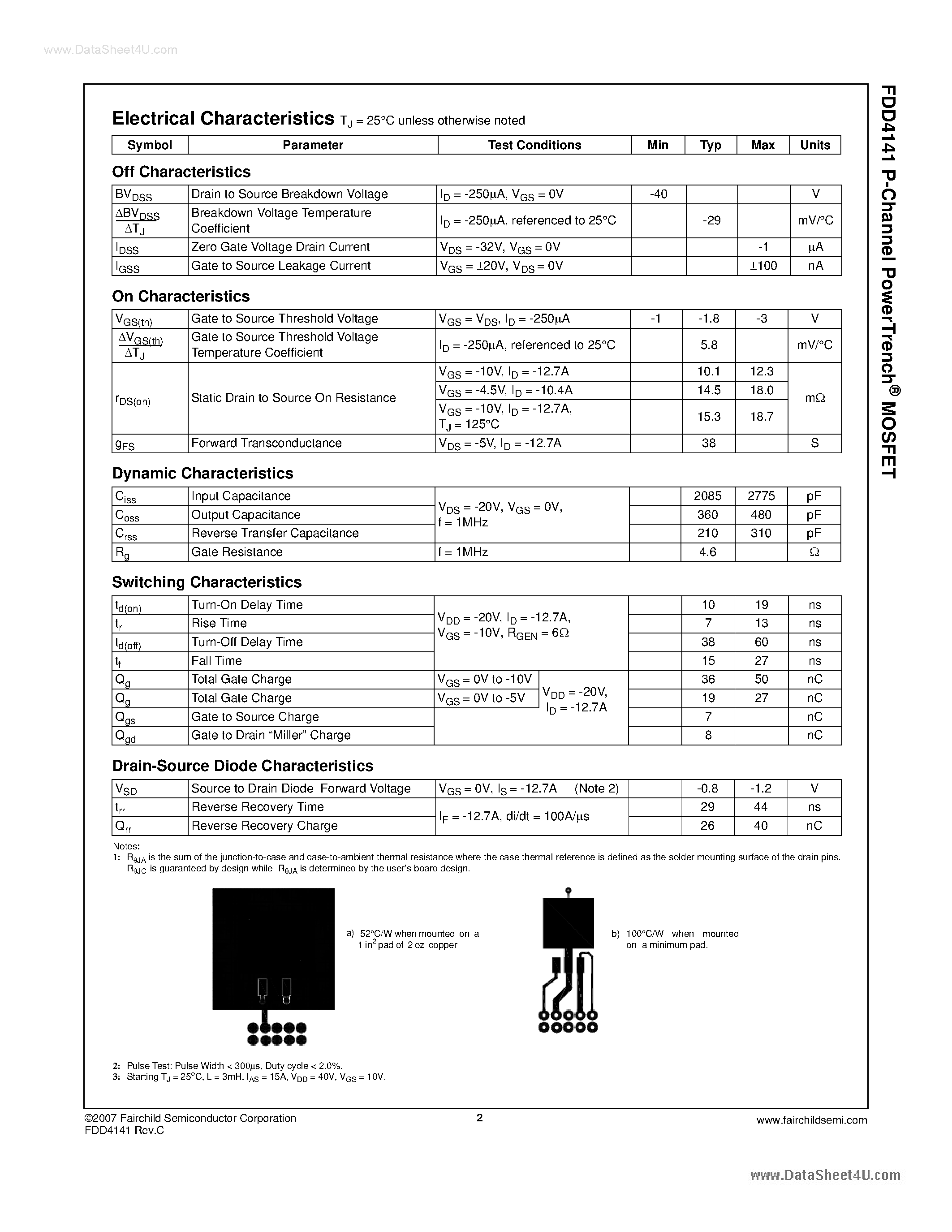 Даташит на микросхему FDD4141 страница 2 Даташит FDD4141 - P-Channel PowerTrench MOSFET страница 2