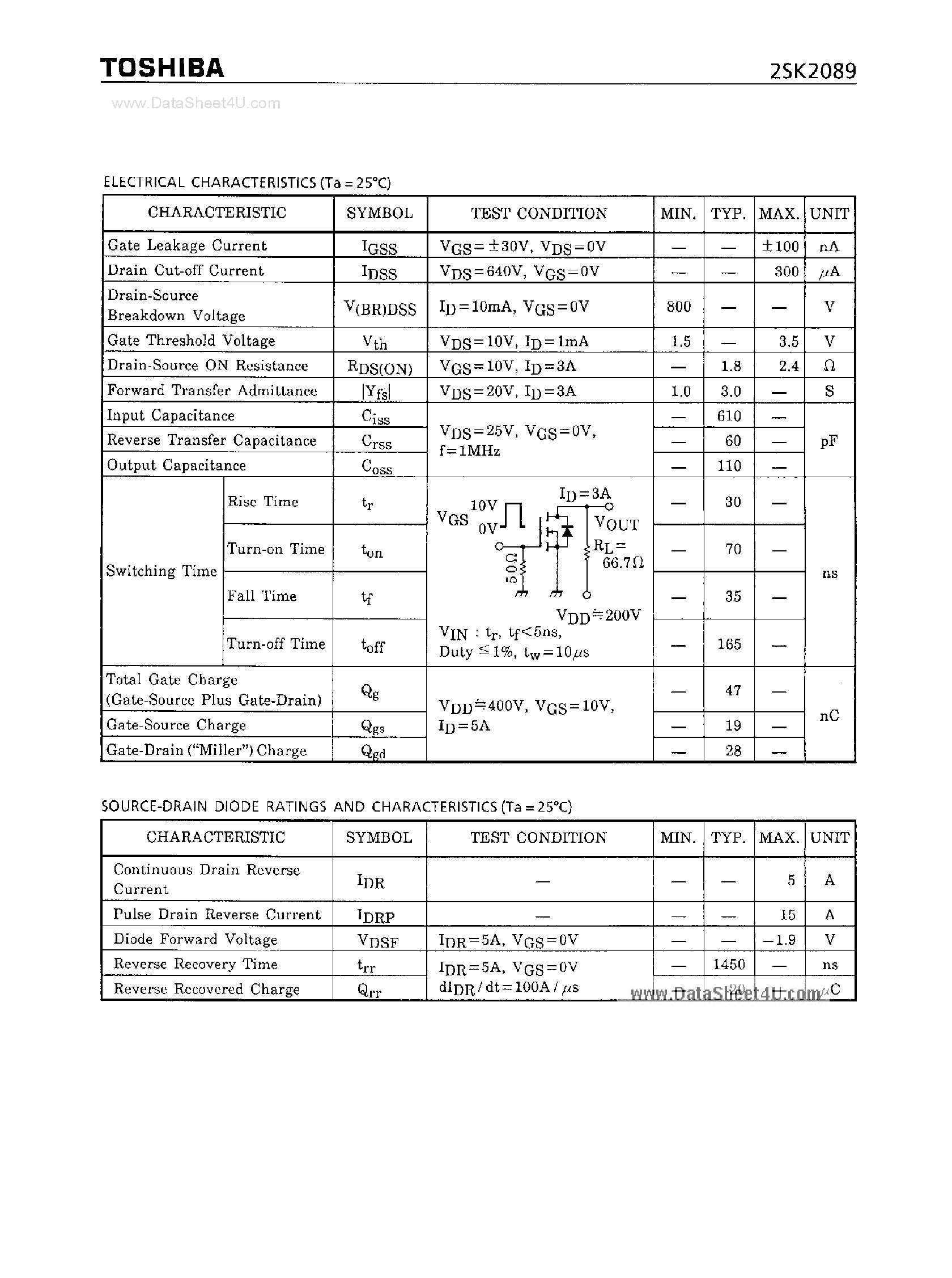 Даташит на микросхему 2SK2089 страница 2 Даташит 2SK2089 - Field Effect Transistor Silicon N-Channel MOS Type страница 2