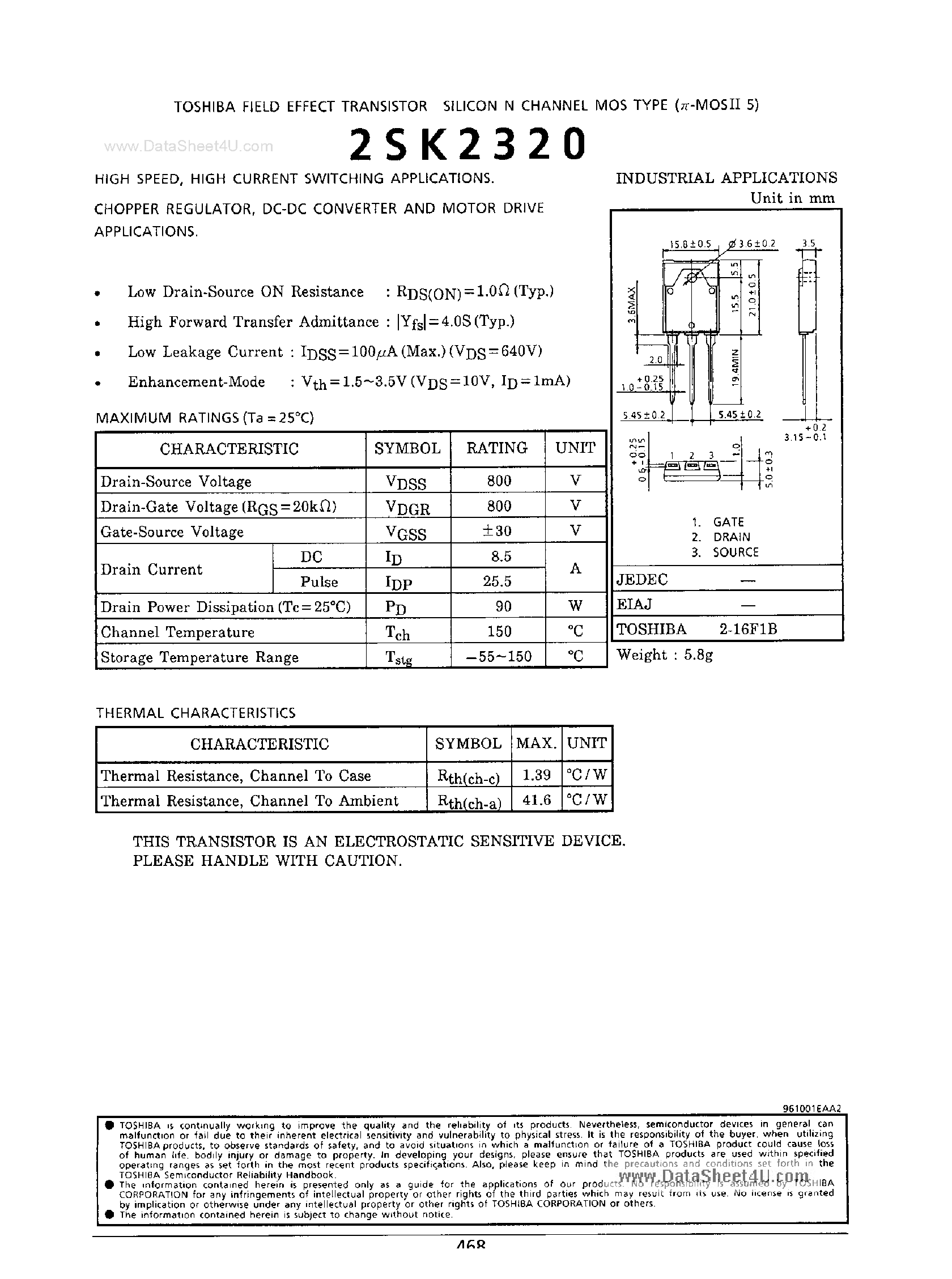 Даташит 2SK2320 - Field Effect Transistor Silicon N-Channel MOS Type страница 1