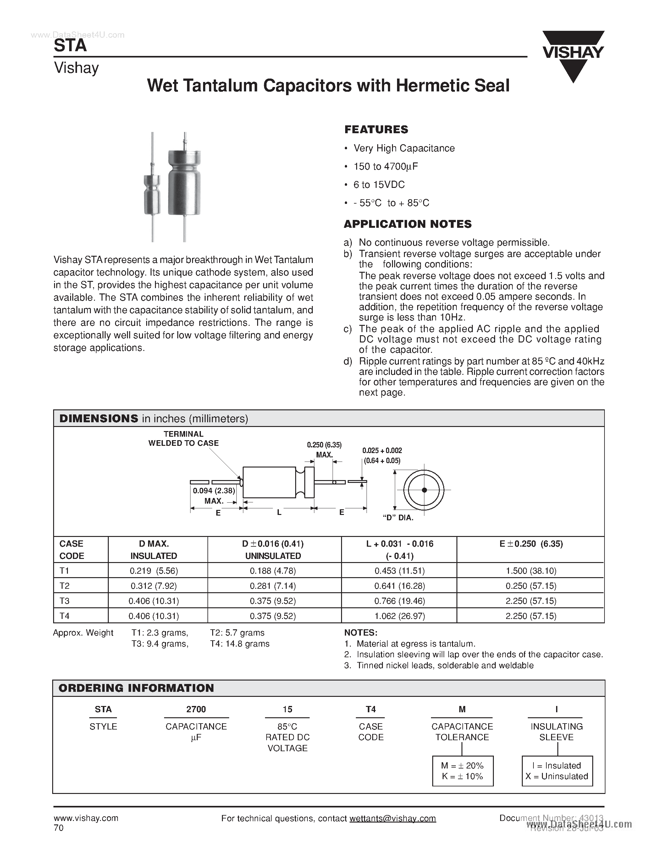 Datasheet STA1000 page 1 Datasheet STA1000 - Wet Tantalum Capacitors page 1