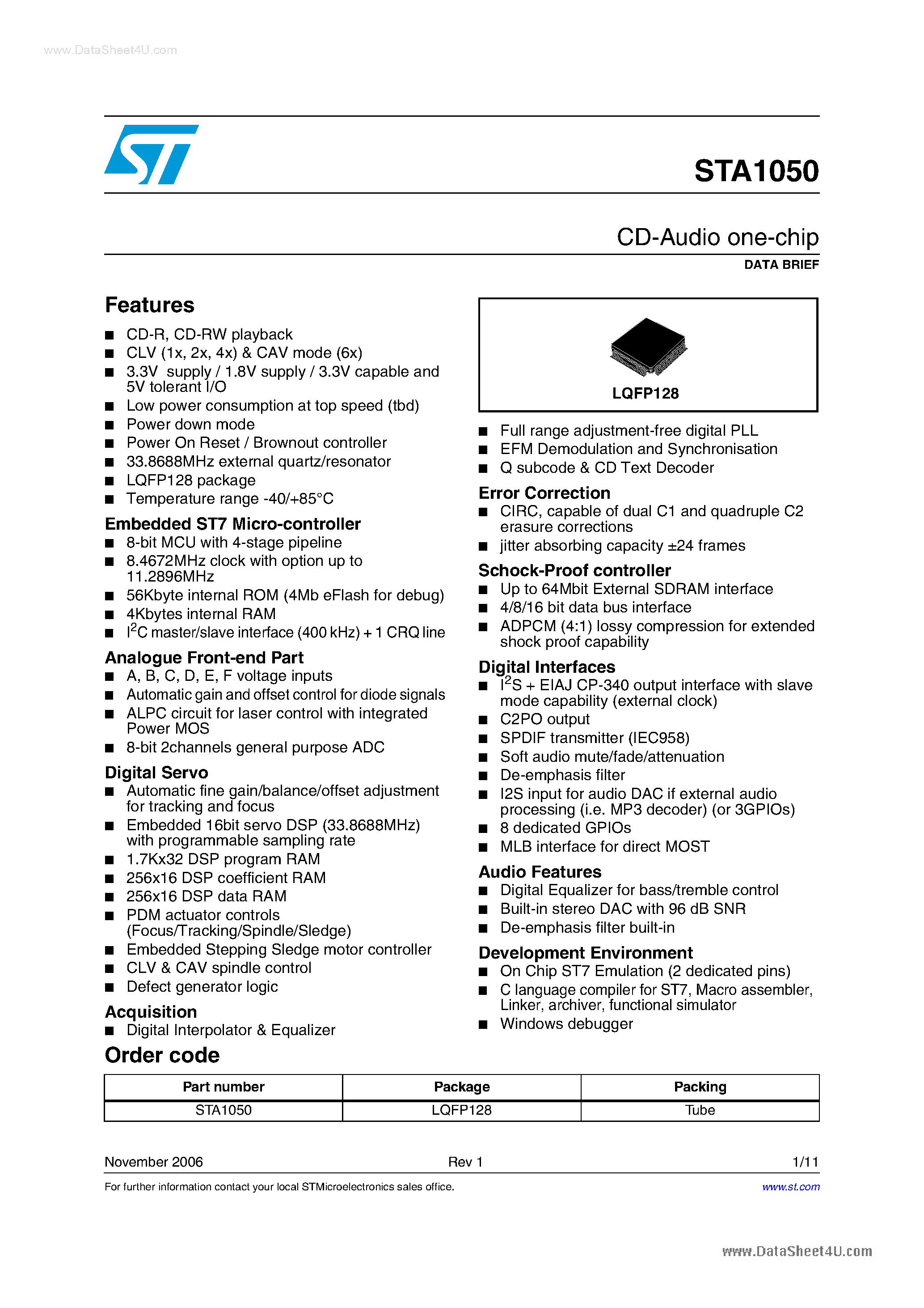 Datasheet STA1050 page 1 Datasheet STA1050 - CD-Audio one-chip page 1