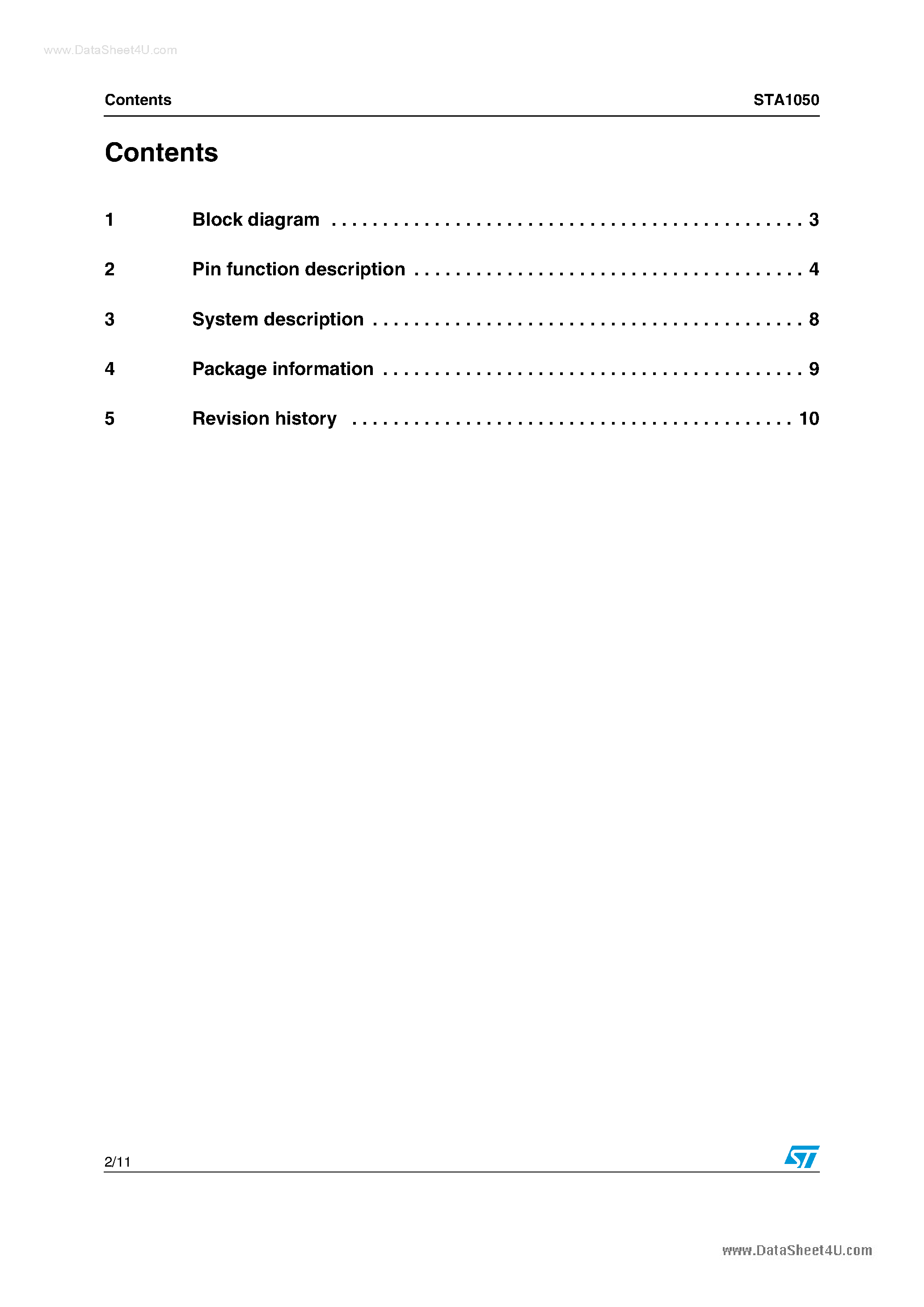 Datasheet STA1050 page 2 Datasheet STA1050 - CD-Audio one-chip page 2