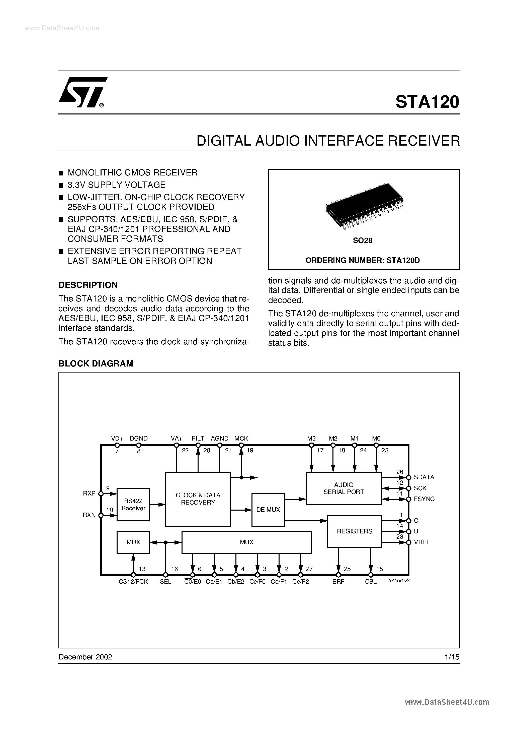 Datasheet STA120 page 1 Datasheet STA120 - DIGITAL AUDIO INTERFACE RECEIVER page 1