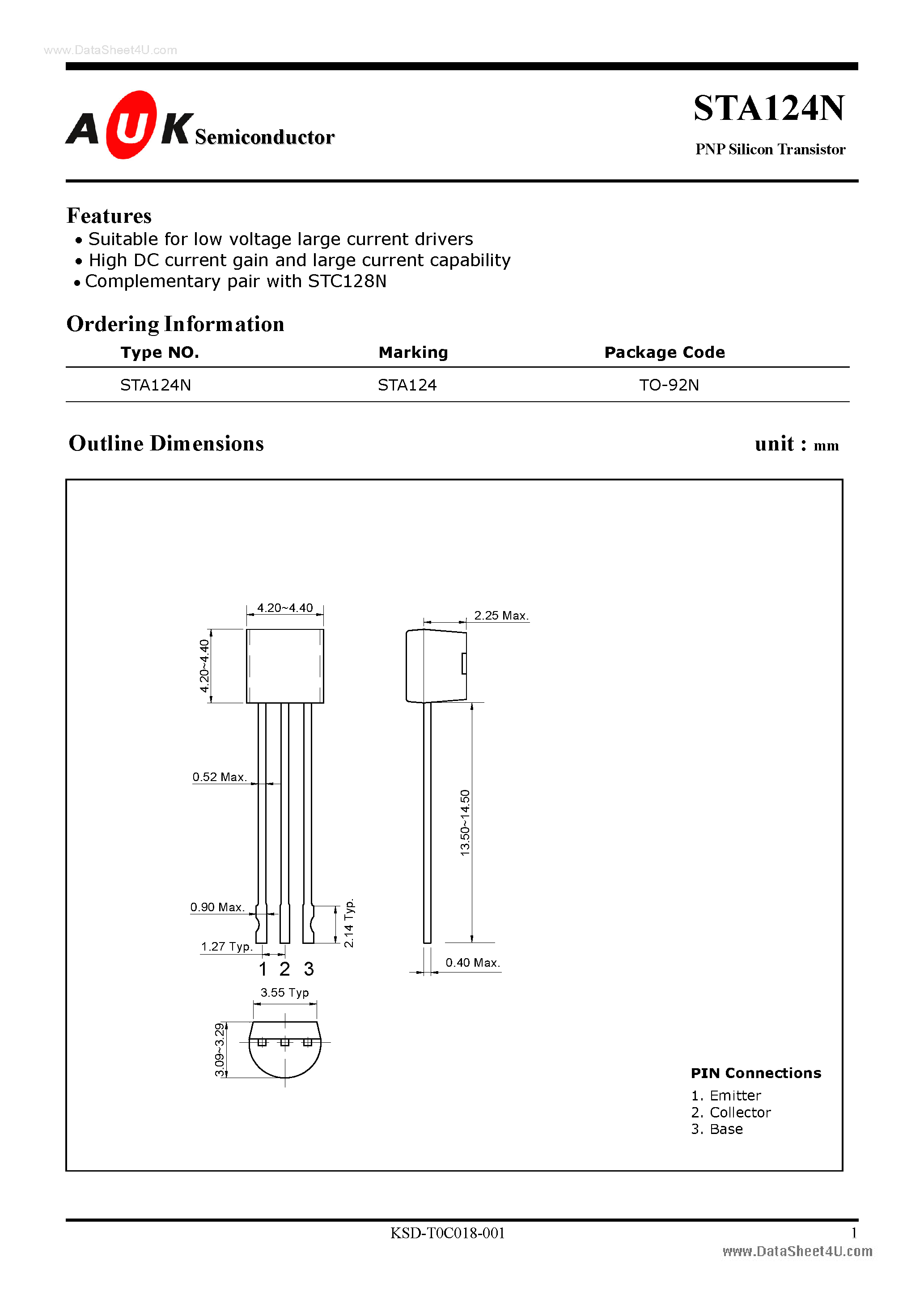 Даташит STA124N - PNP Silicon Transistor страница 1
