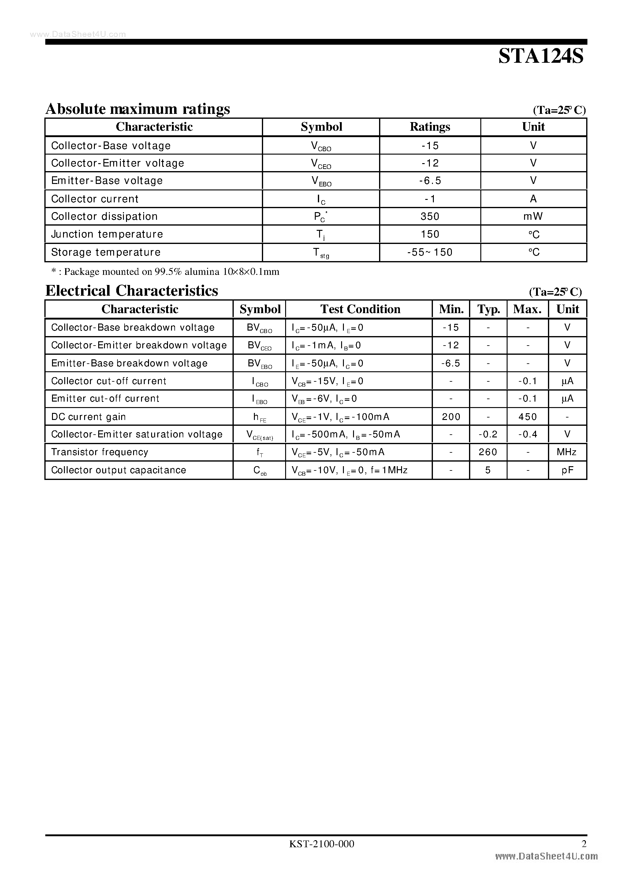 Datasheet STA124S page 2 Datasheet STA124S - PNP Silicon Transistor page 2