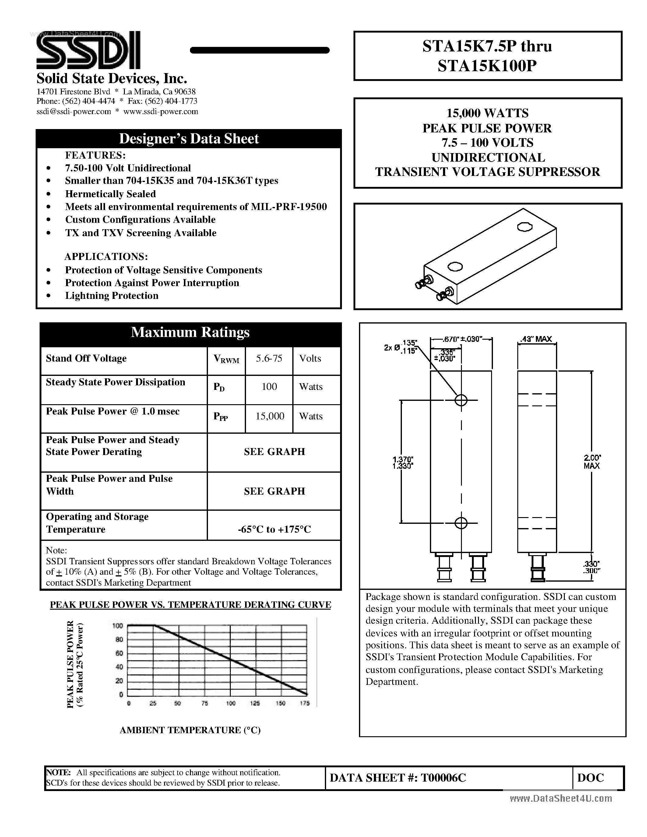 Даташит на микросхему STA15K22P страница 1 Даташит STA15K22P - (STA15KxxP) 15000 WATTS PEAK PULSE POWER 7.5 - 100 VOLTS UNIDIRECTIONAL TRANSIENT VOLTAGE SUPPRESSOR страница 1
