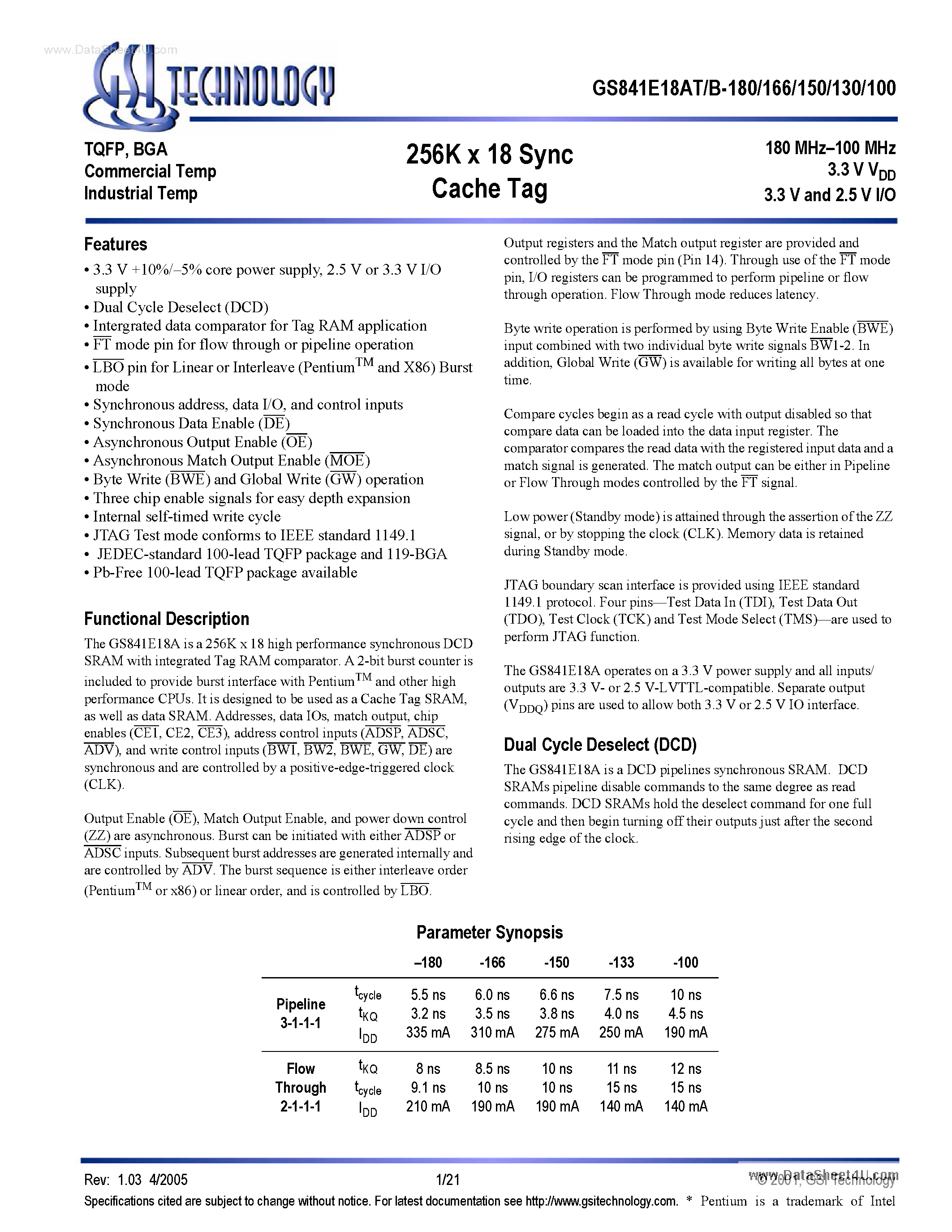 Даташит GS841E18AB - 256K x 18 Sync Cache Tag страница 1