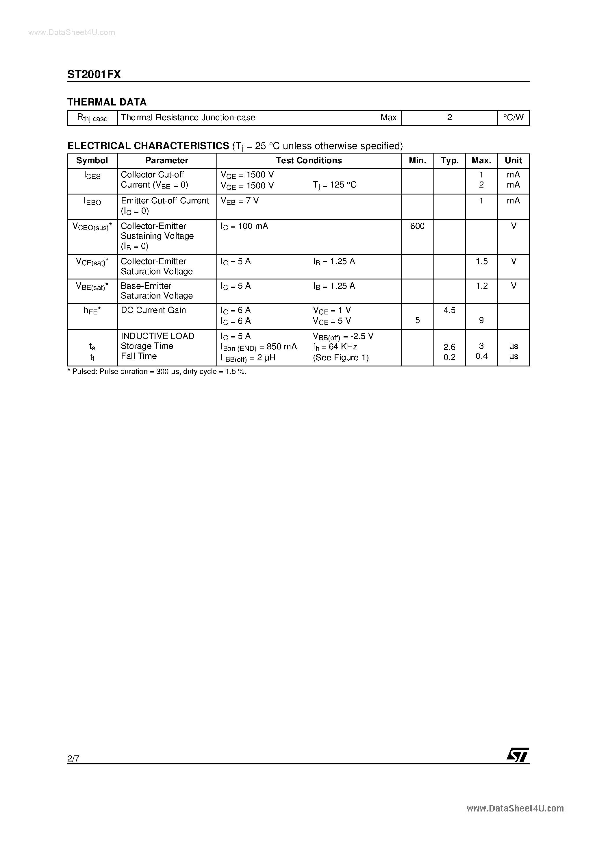 Datasheet ST2001FX page 2 Datasheet ST2001FX - HIGH VOLTAGE FAST-SWITCHING NPN POWER TRANSISTOR page 2