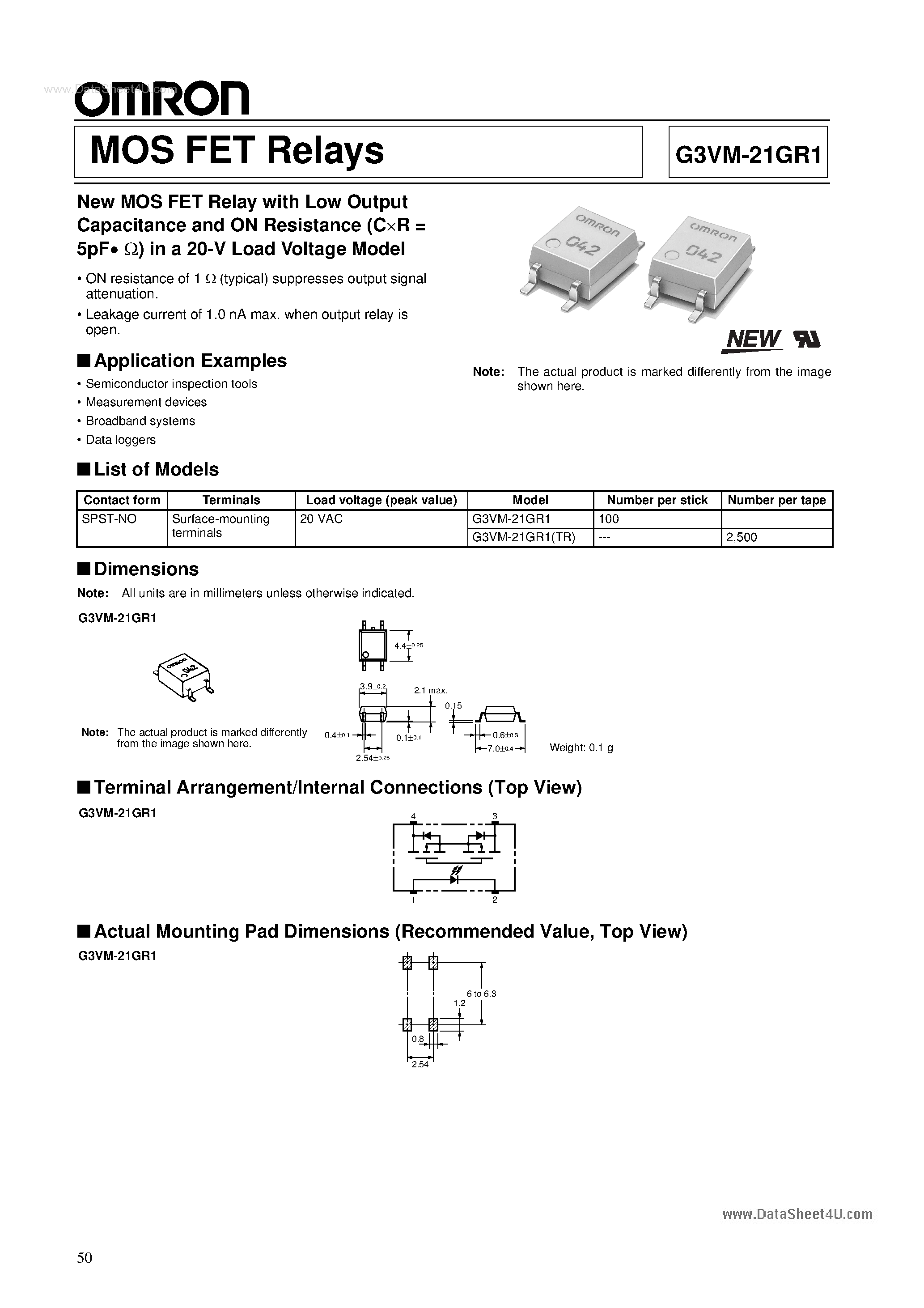 Datasheet G3VM-21GR1 page 1 Datasheet G3VM-21GR1 - MOS FET Relays page 1