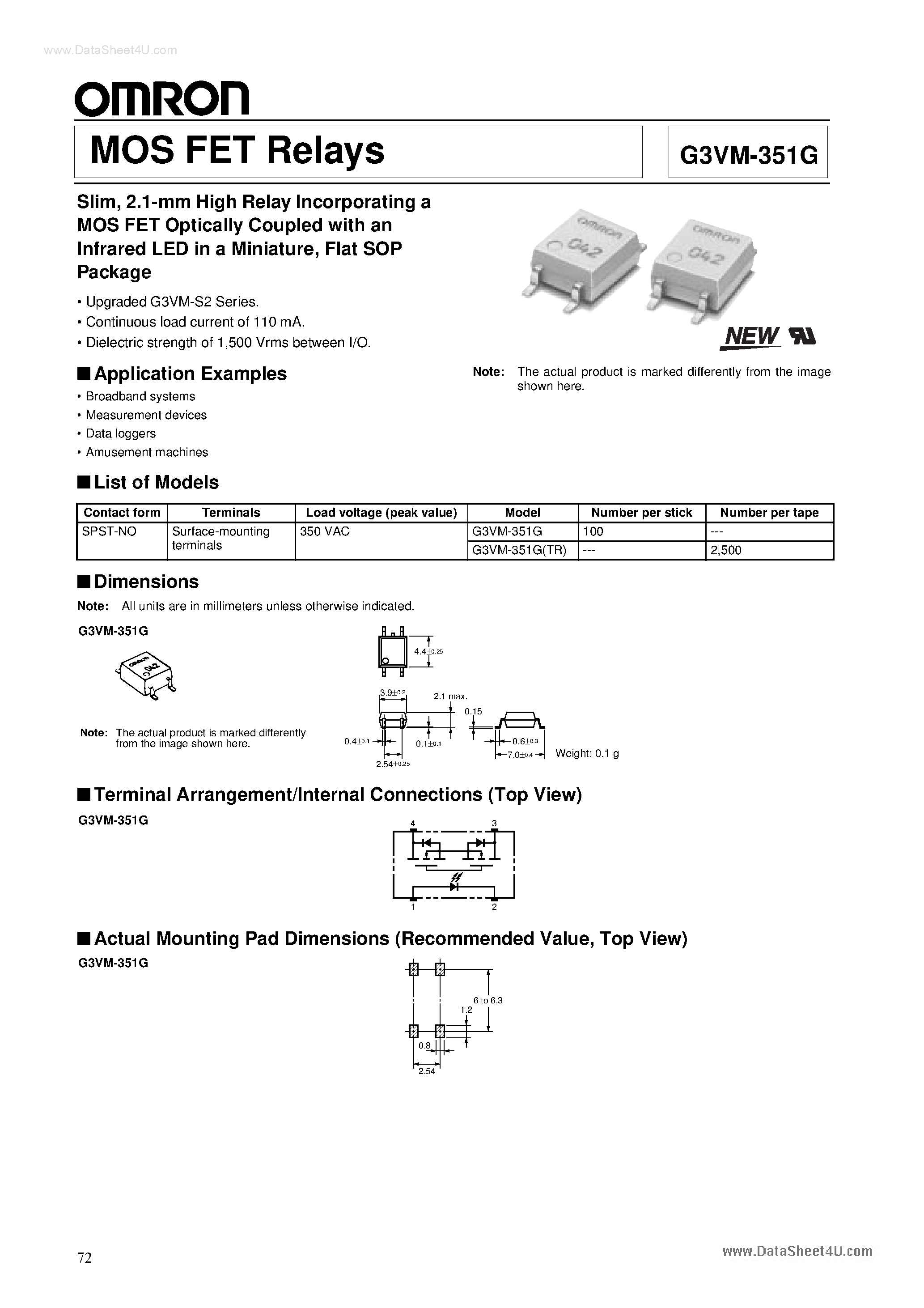 Datasheet G3VM-351G - 2.1-mm High Relay Incorporating a MOS FET Optically Coupled page 1