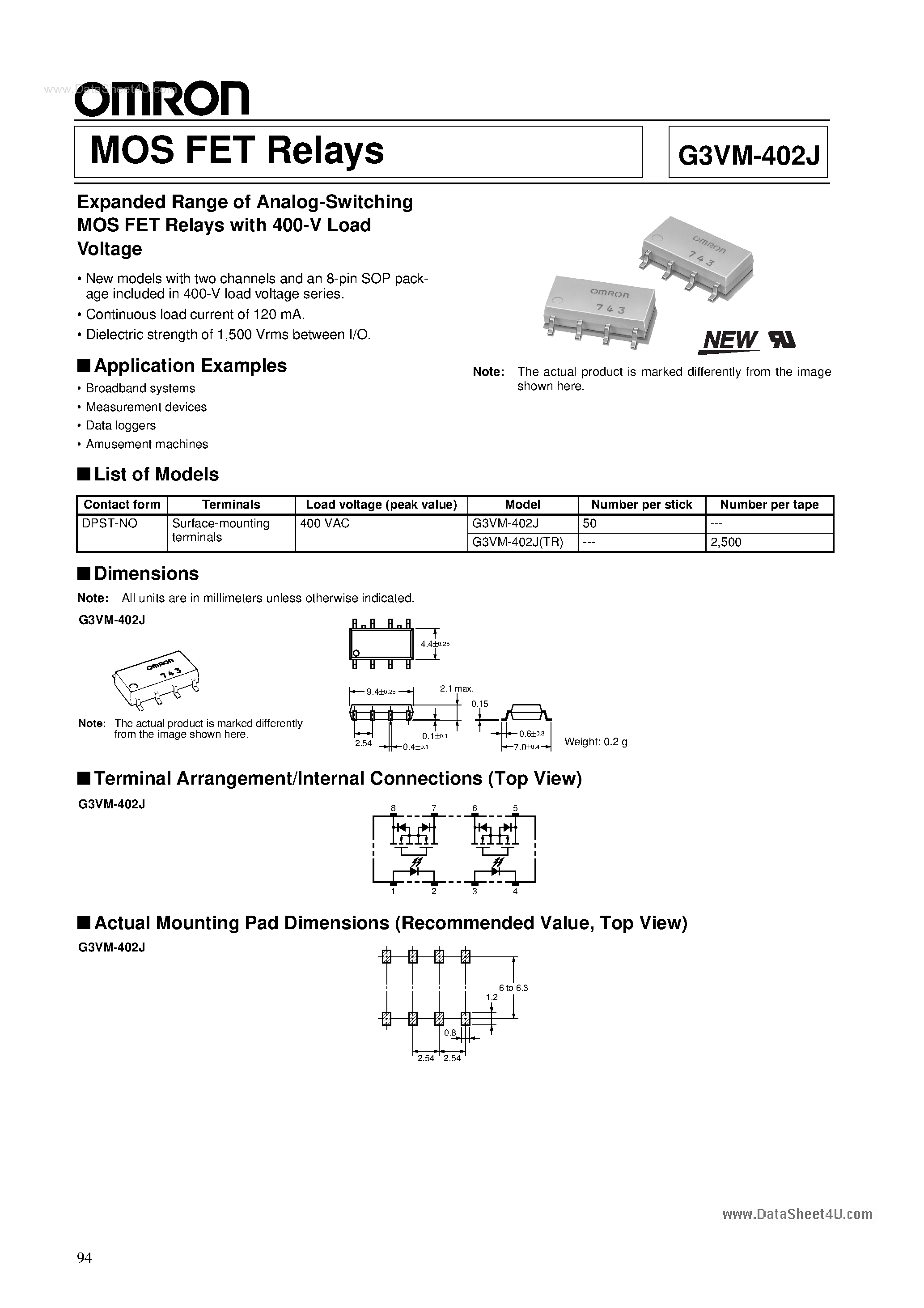 Datasheet G3VM-402J - Expanded Range Of Analog-switching Mosfet Relays page 1