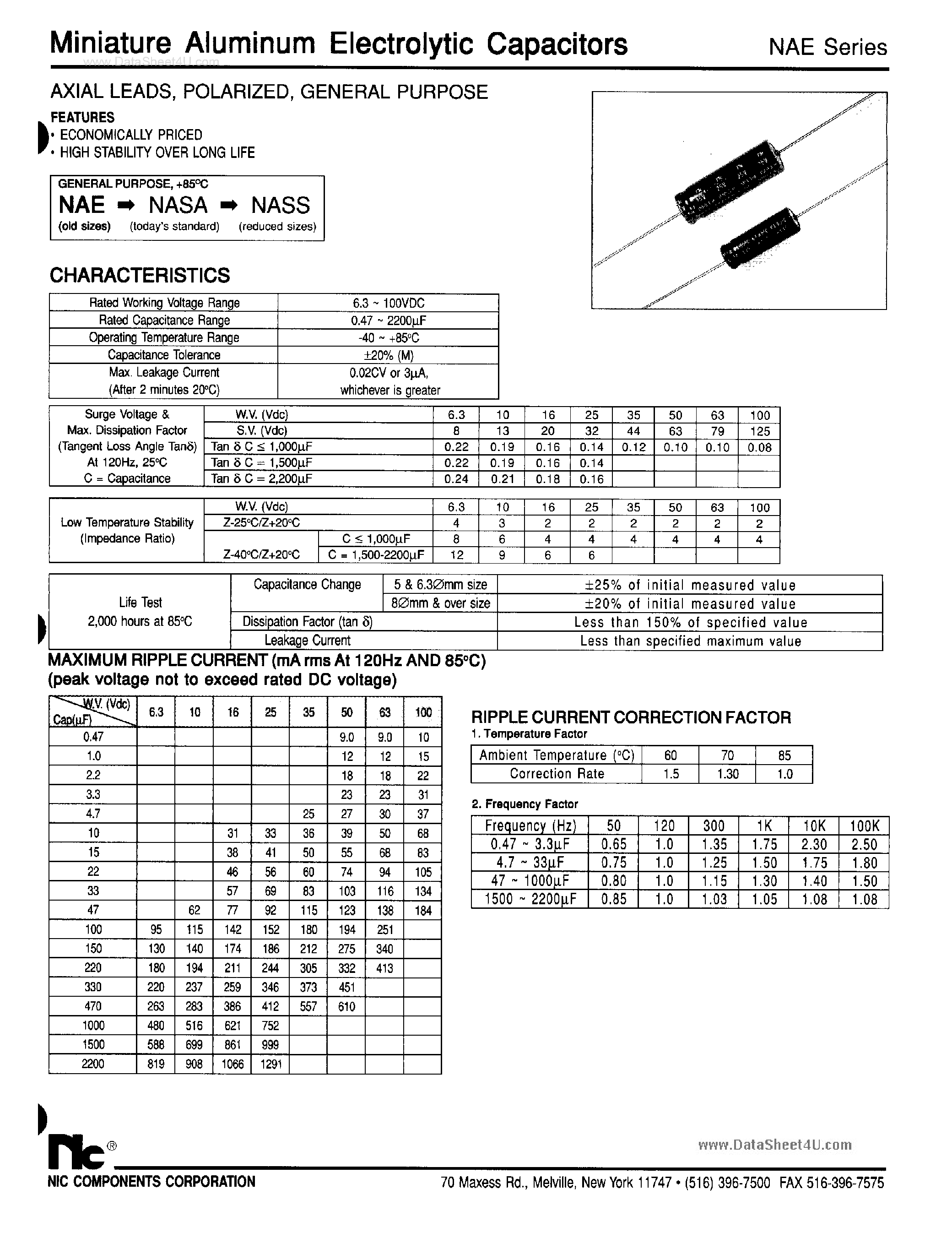 Datasheet NAE100xxxxx - Miniature Aluminum Electrolytic Capacitors page 1