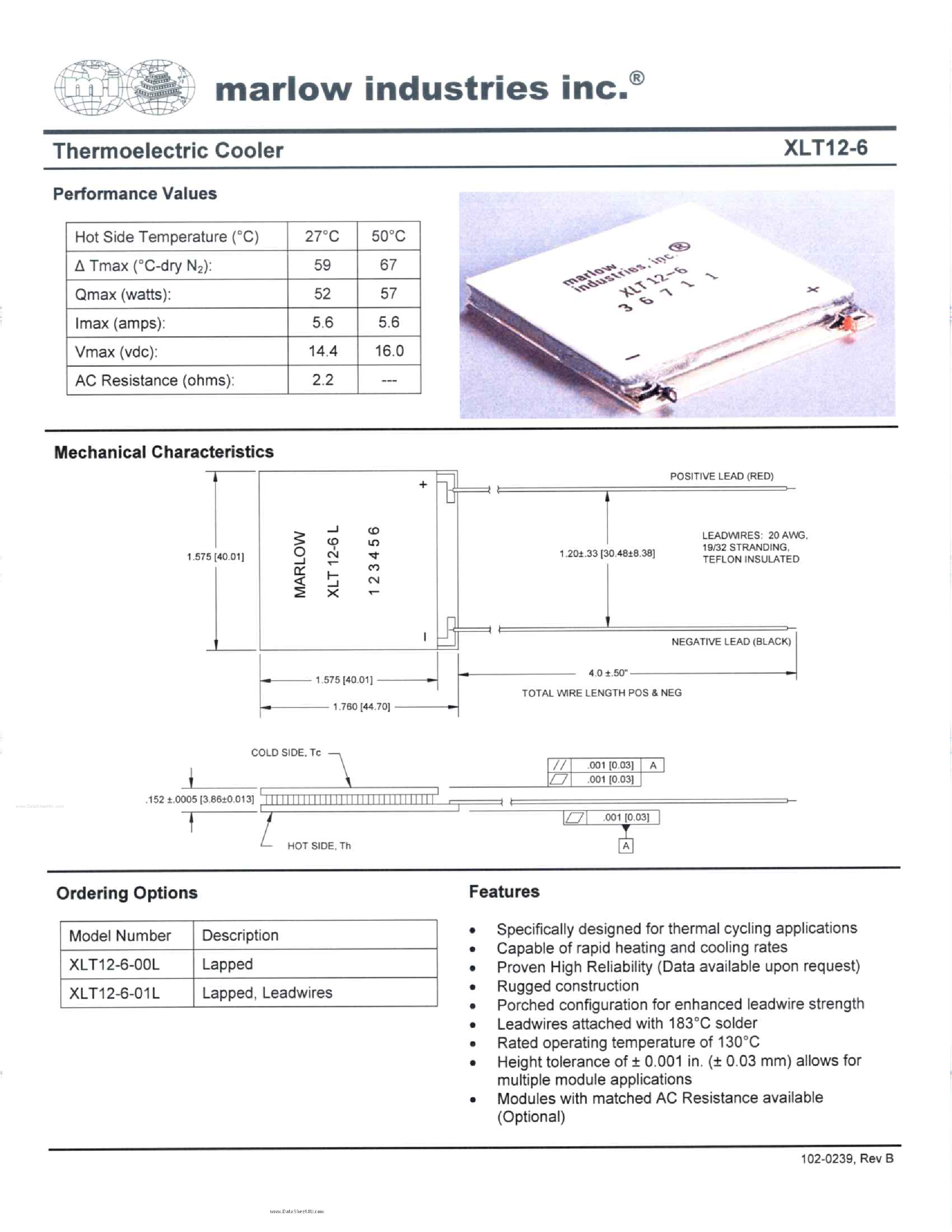 Datasheet XLT12-6 - Thermoelectric Cooler page 1