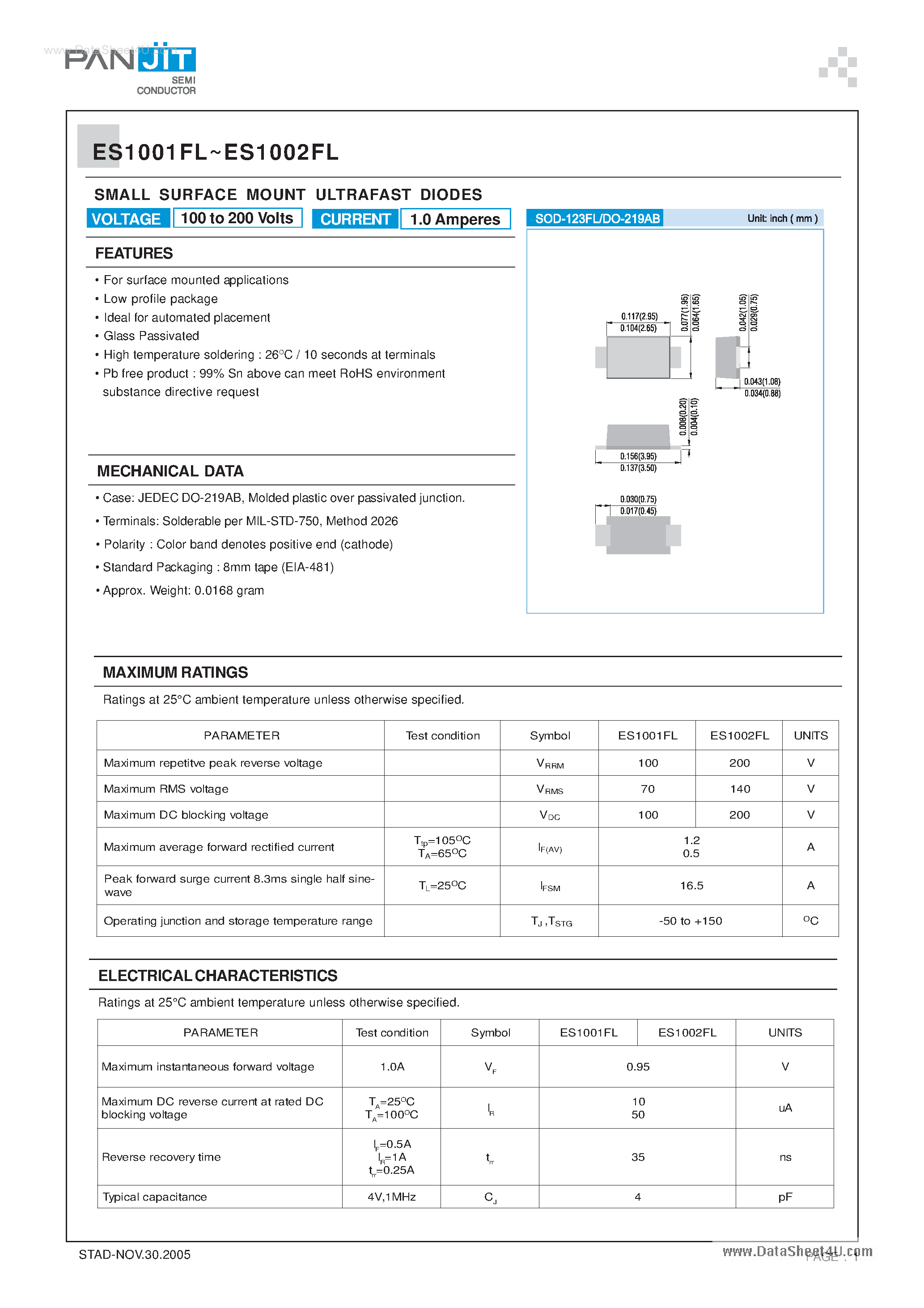 Даташит на микросхему ES1001FL страница 1 Даташит ES1001FL - (ES1001FL / ES1002FL) SMALL SURFACE MOUNT ULTRAFAST DIODES страница 1