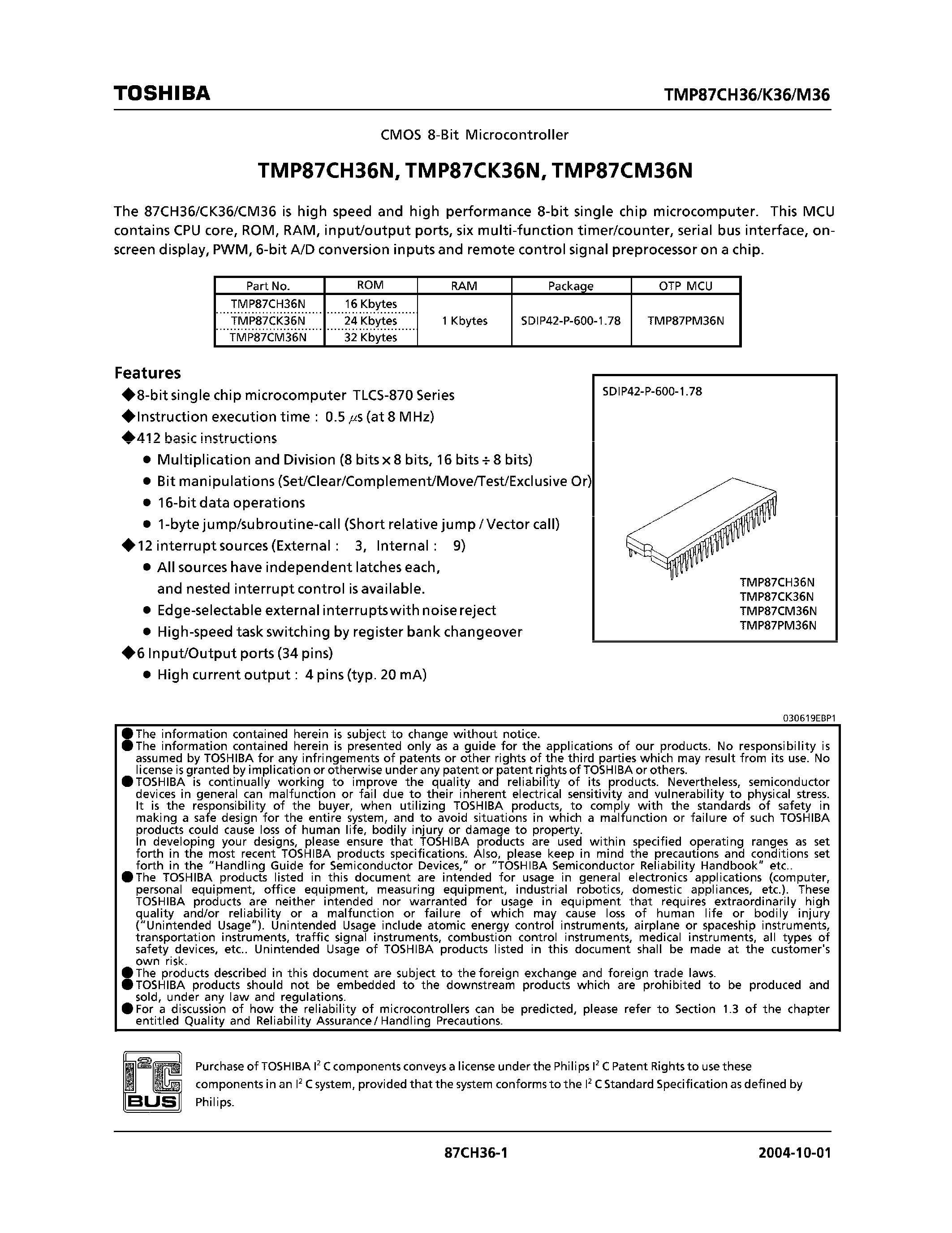 Datasheet TMP87CH36 page 1 Datasheet TMP87CH36 - CMOS 8 BIT MICROCONTROLLER page 1