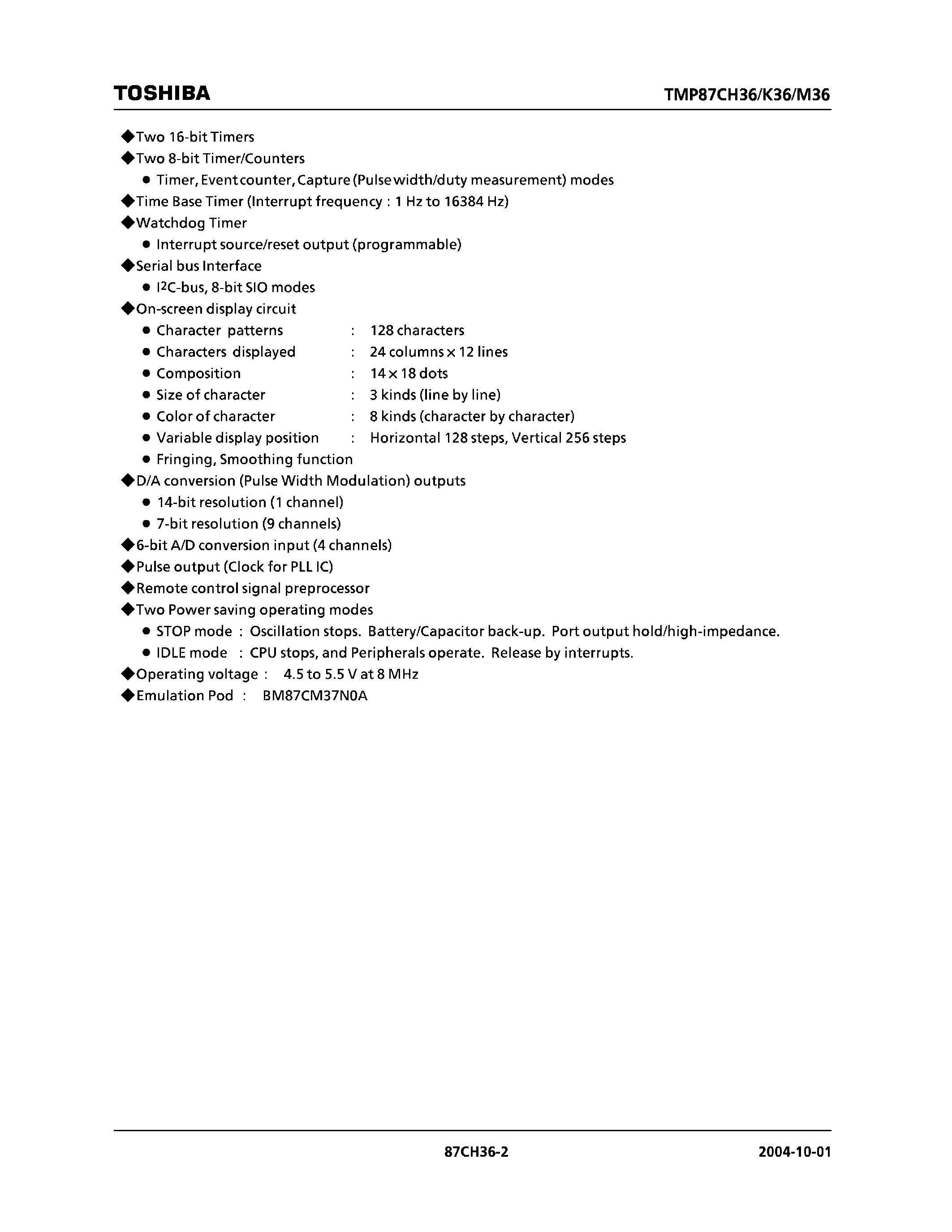 Datasheet TMP87CH36 page 2 Datasheet TMP87CH36 - CMOS 8 BIT MICROCONTROLLER page 2