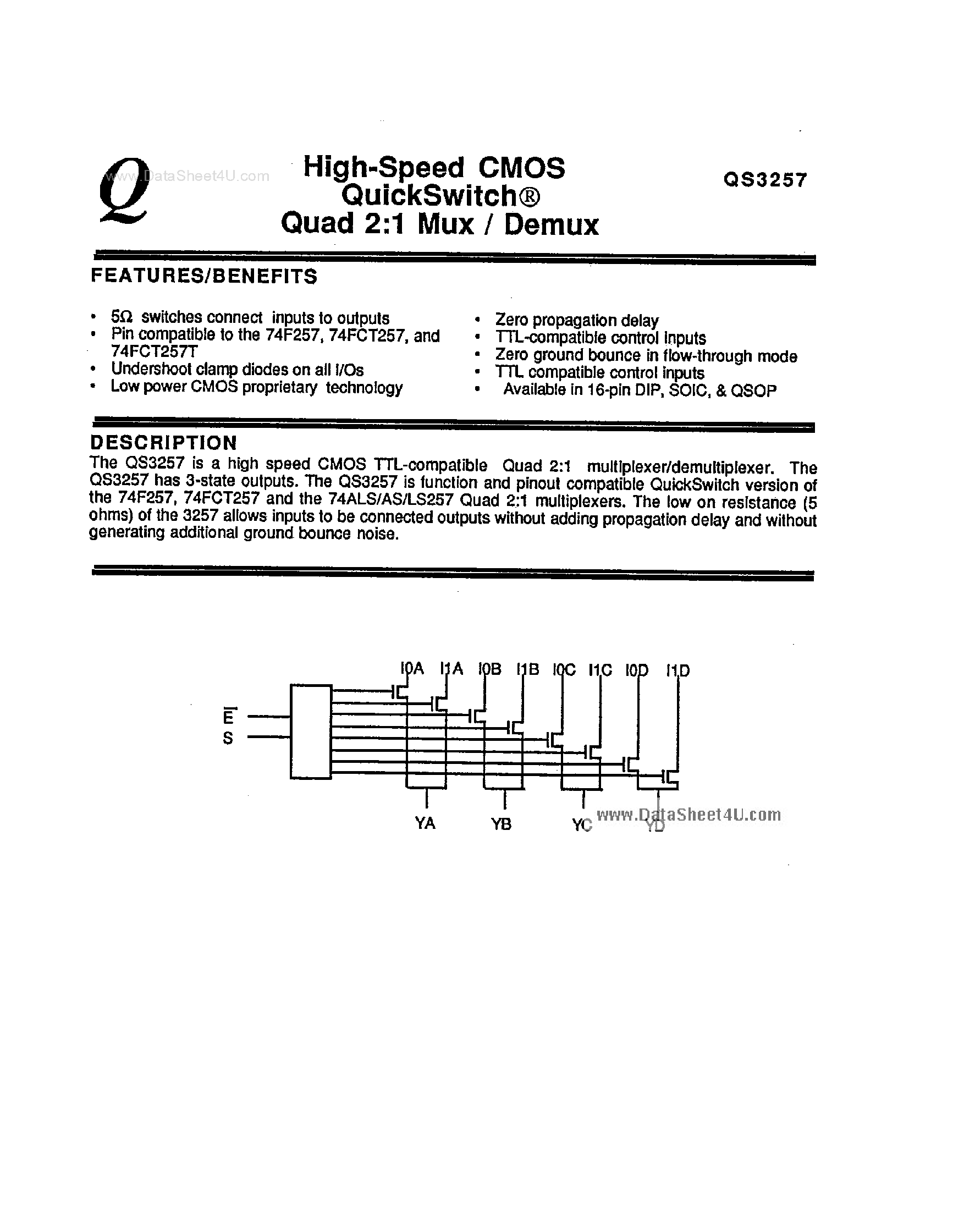 Даташит на микросхему QS3257 страница 1 Даташит QS3257 - High Speed CMOS Quad 2:1 Mux / Demux страница 1