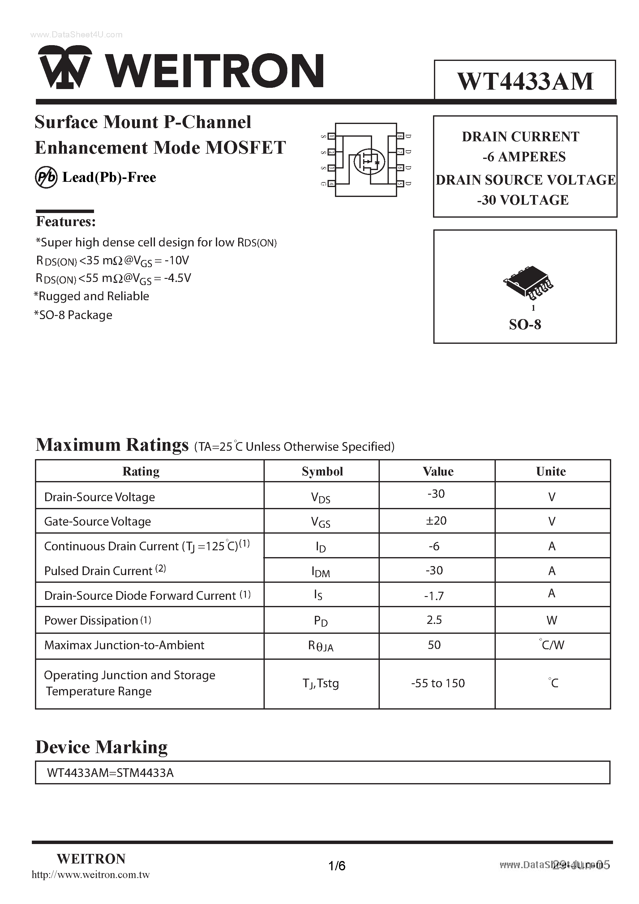 Даташит на микросхему WT4433AM страница 1 Даташит WT4433AM - Surface Mount P-Channel Enhancement Mode MOSFET страница 1