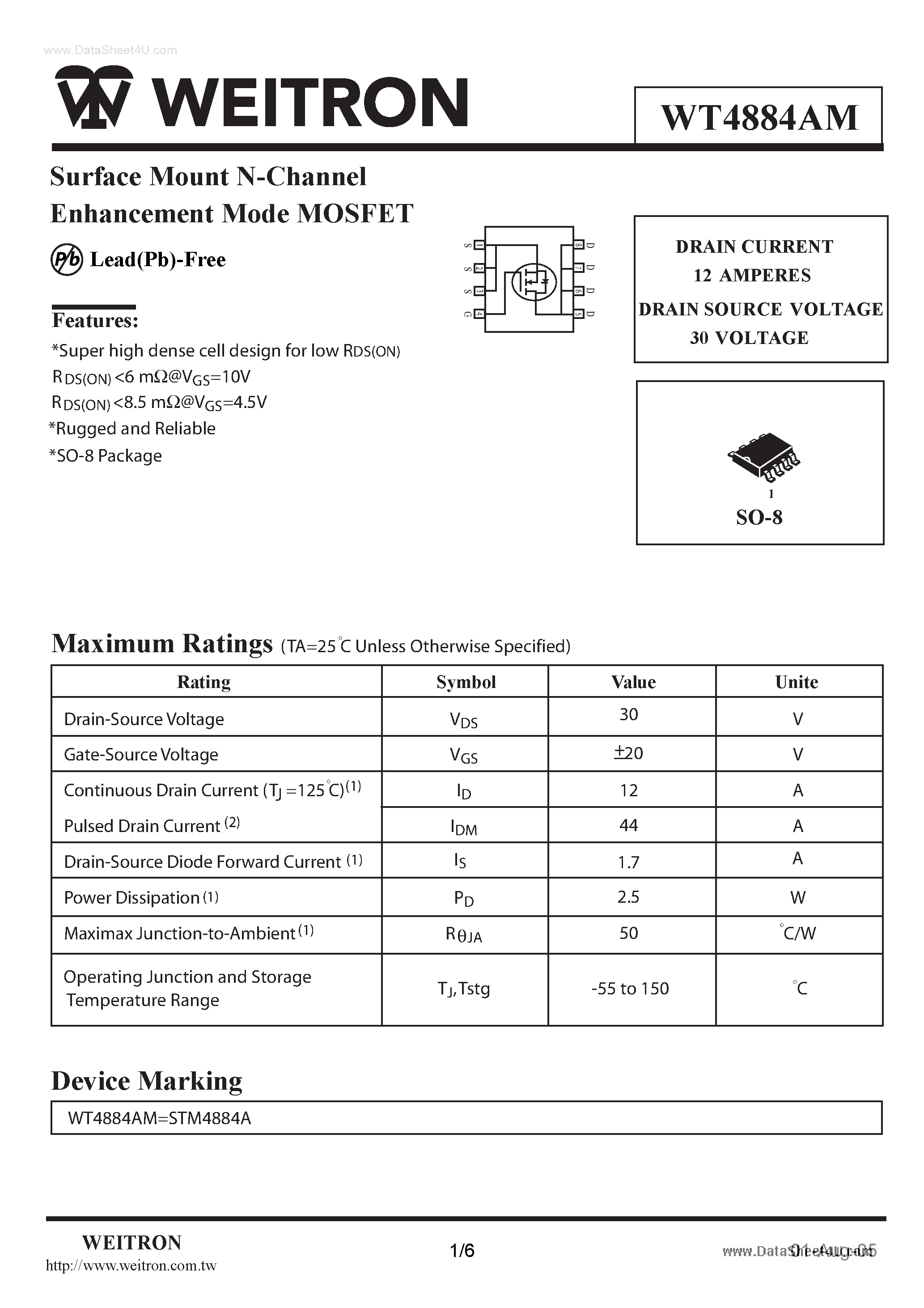 Datasheet WT4884AM page 1 Datasheet WT4884AM - Surface Mount N-Channel Enhancement Mode MOSFET page 1