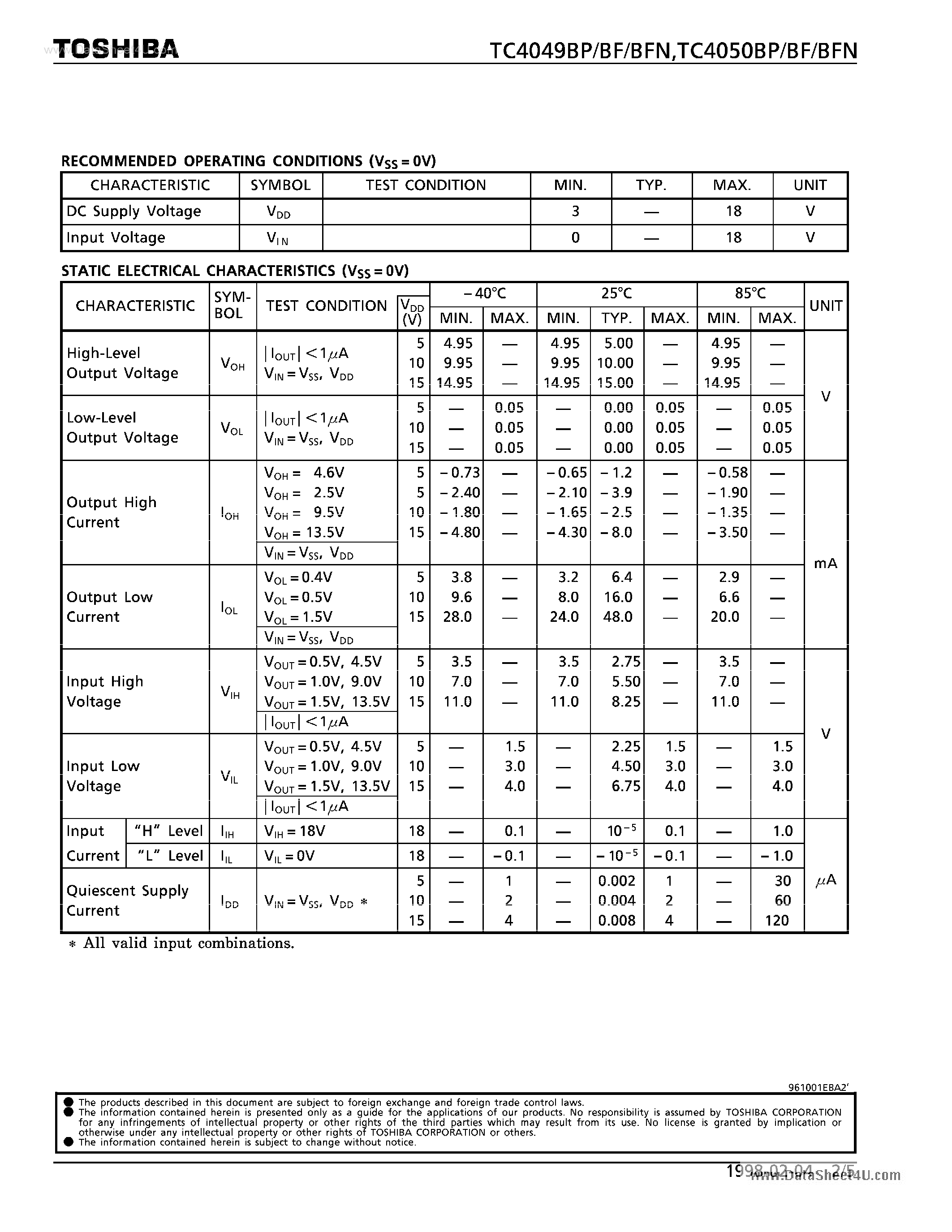 Datasheet TC4049BF - (TC40xxxx) HEX BUFFER/CONVERTER page 2