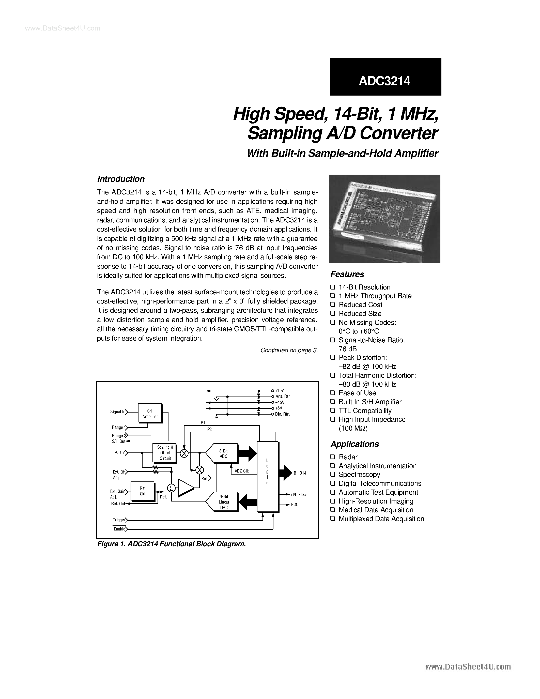 Datasheet ADC3214 - High Speed 14-Bit 1MHz Sampling A/D Converter page 1