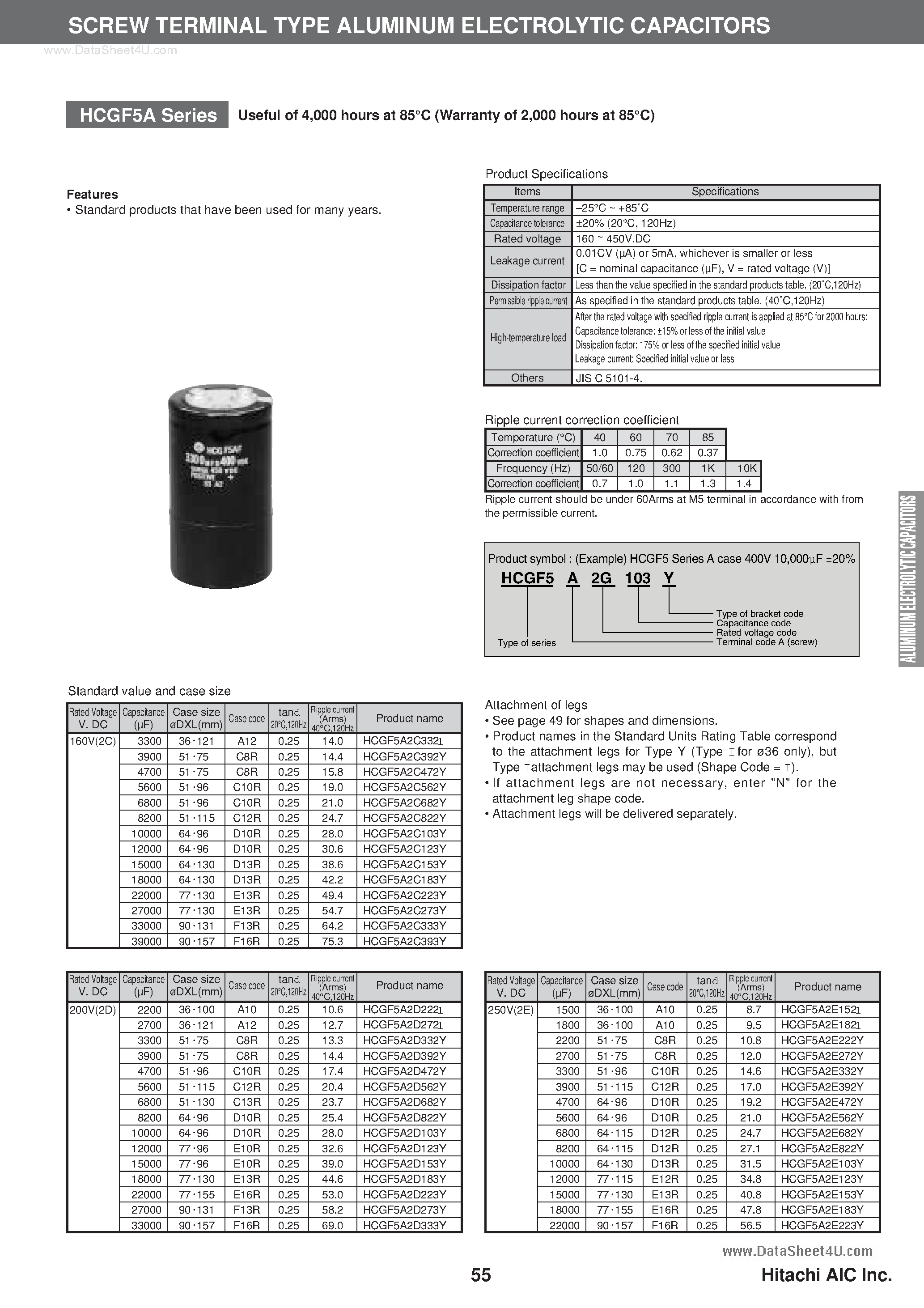 Datasheet HCGF5A - SCREW TERMINAL TYPE ALUMINUM ELECTROLYTIC CAPACITORS page 1