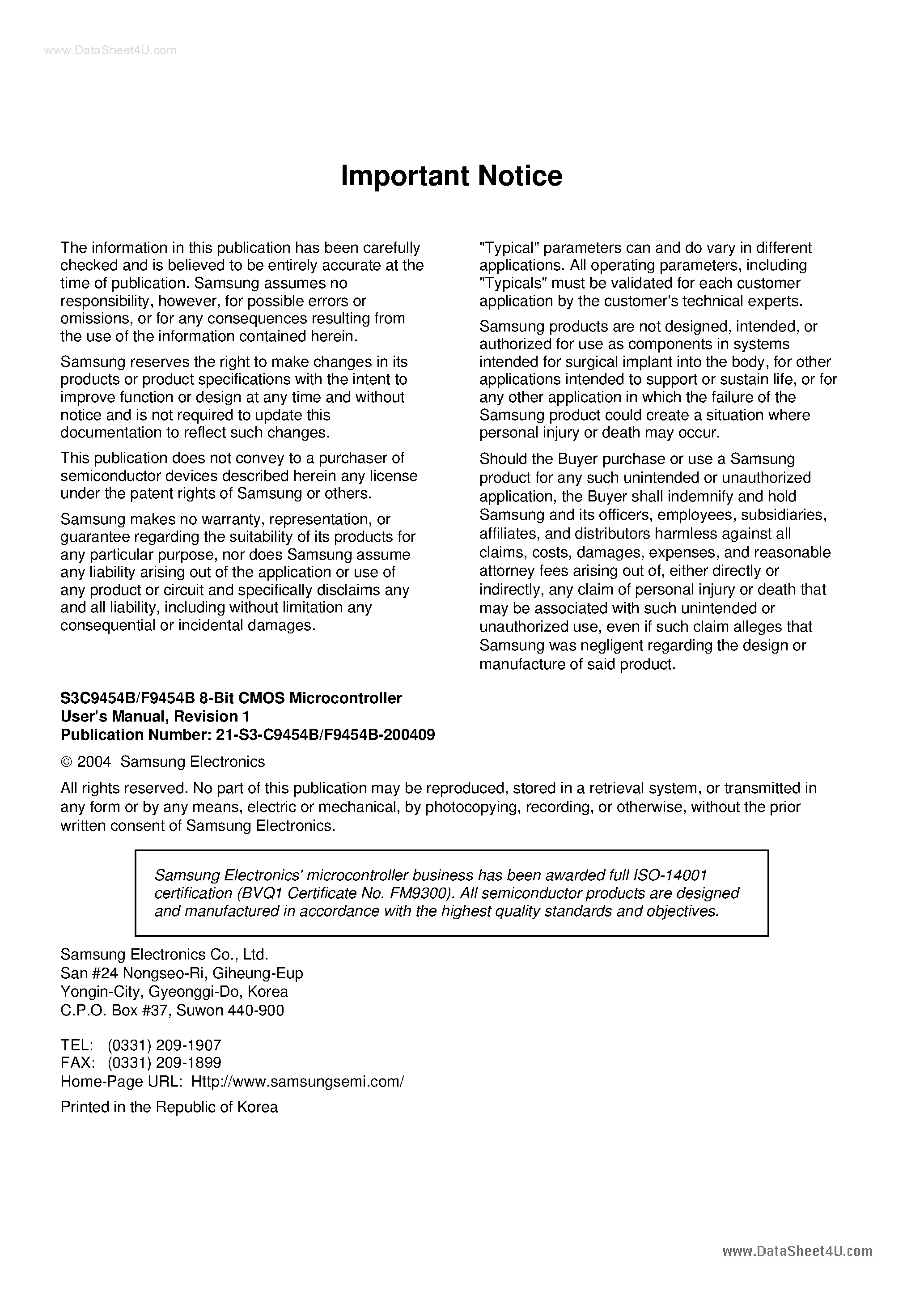 Даташит S3C9454B - 8-Bit CMOS Microcontroller страница 2