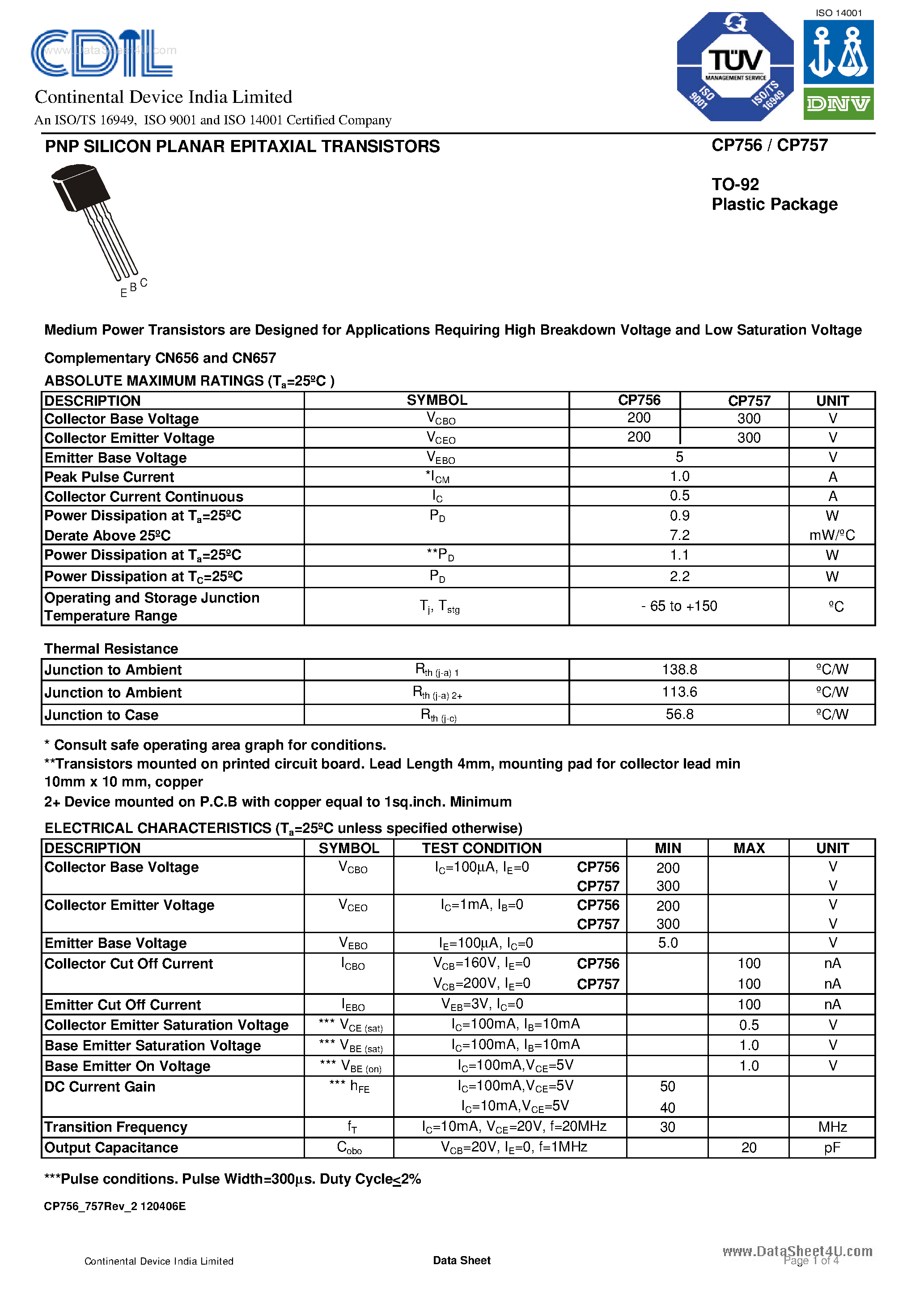 Даташит CP756 - (CP756 / CP757) PNP SILICON PLANAR EPITAXIAL TRANSISTORS страница 1
