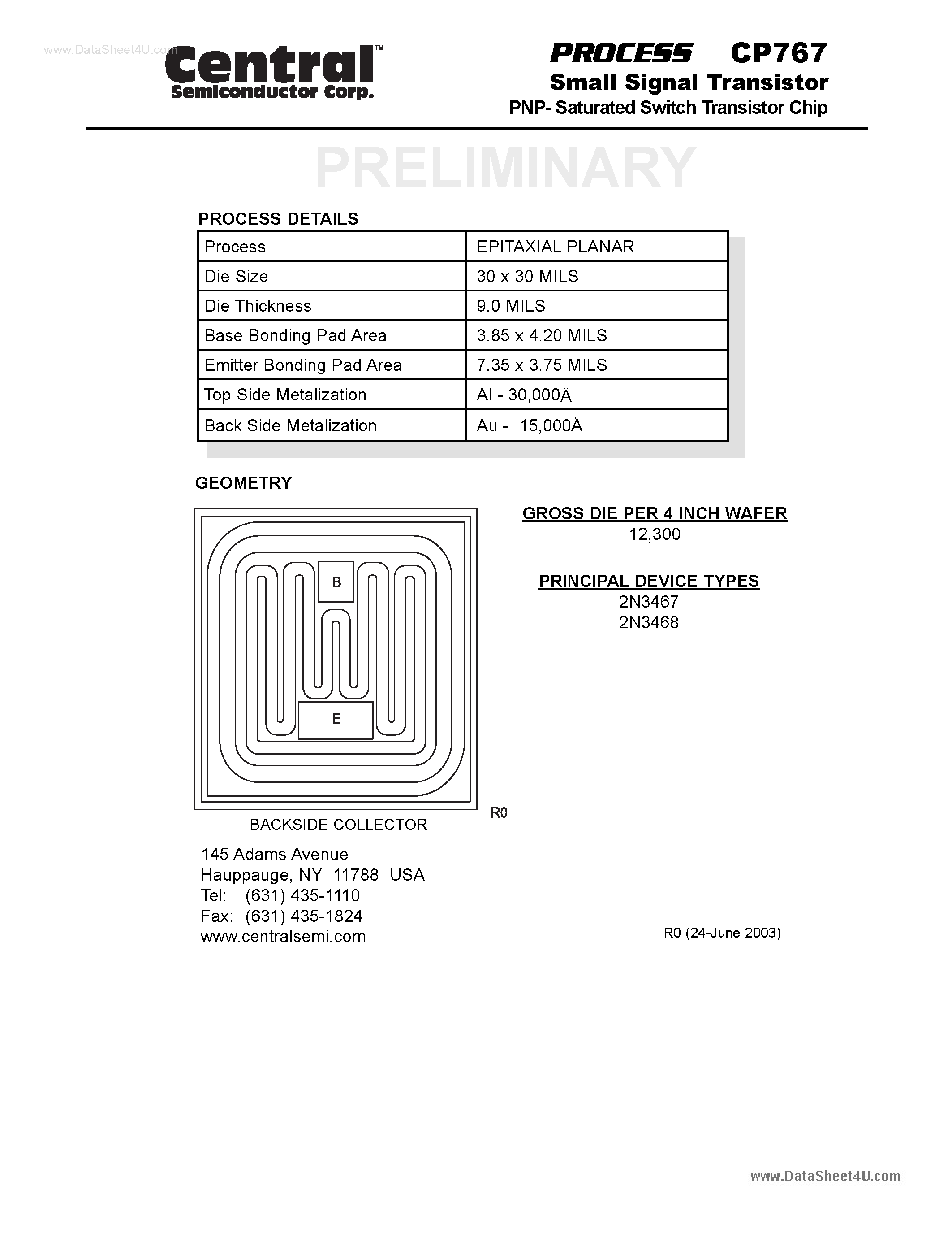 Datasheet CP767 - Small Signal Transistor PNP- Saturated Switch Transistor Chip page 1
