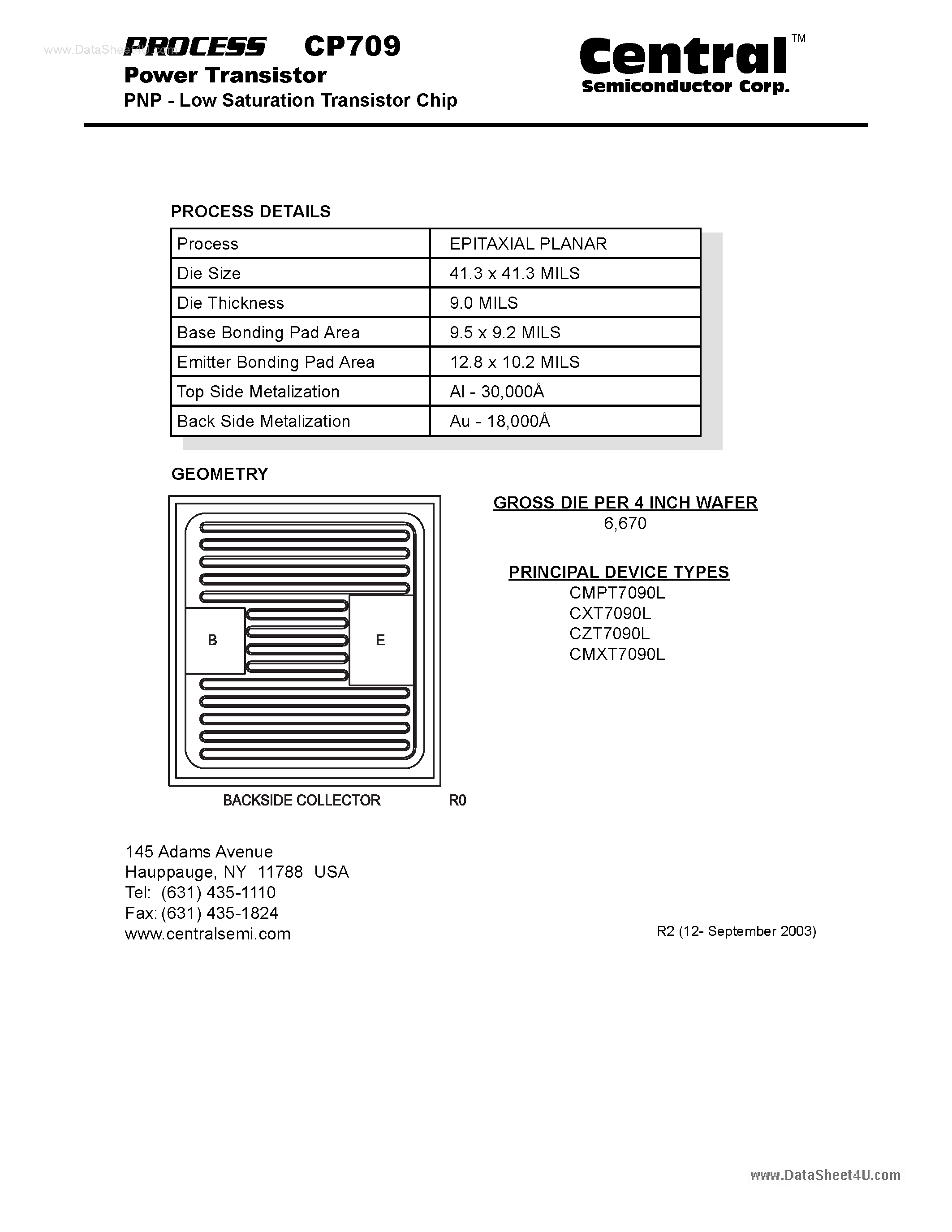 Datasheet CP709 page 1 Datasheet CP709 - Power Transistor PNP - Low Saturation Transistor Chip page 1