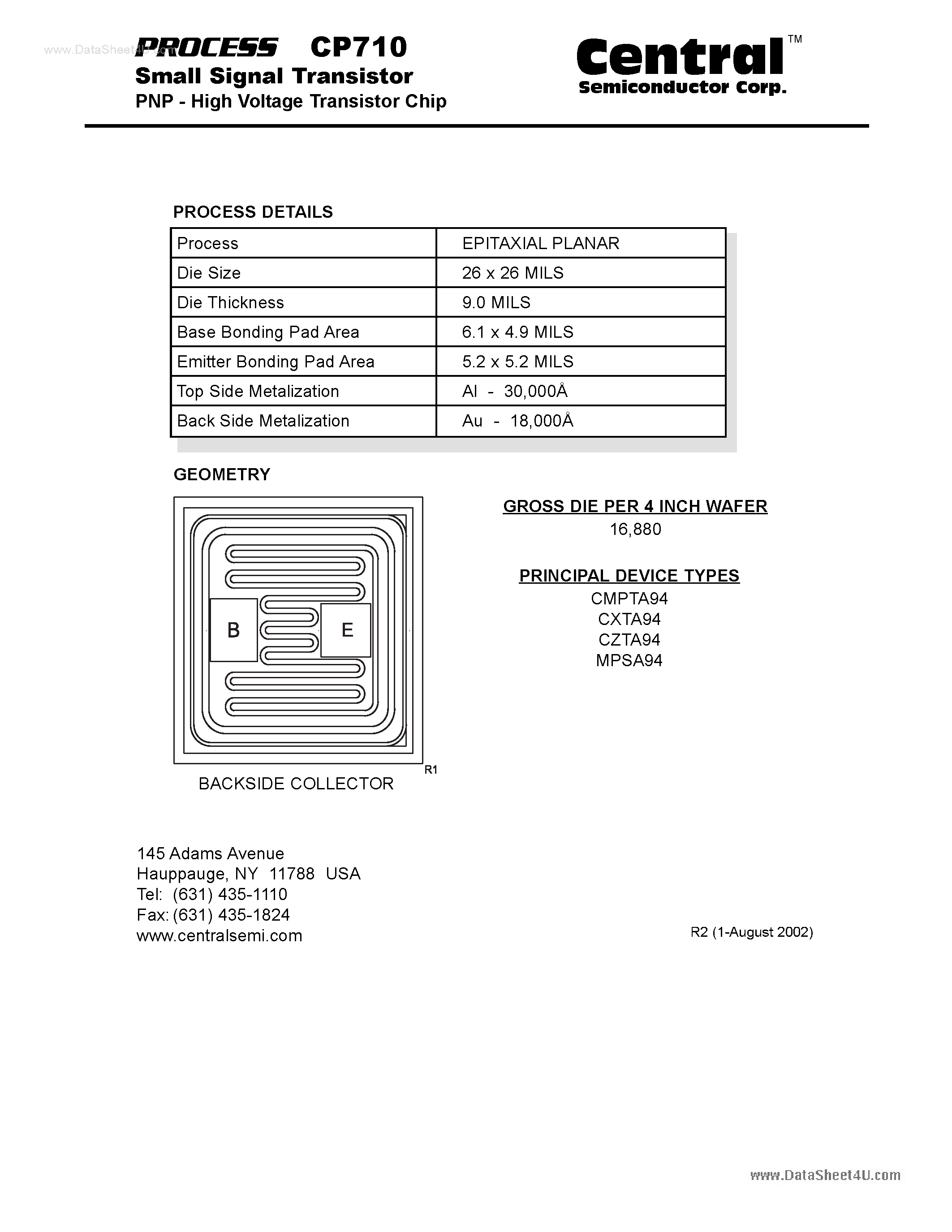 Datasheet CP710 page 1 Datasheet CP710 - Small Signal Transistor PNP - High Voltage Transistor Chip page 1