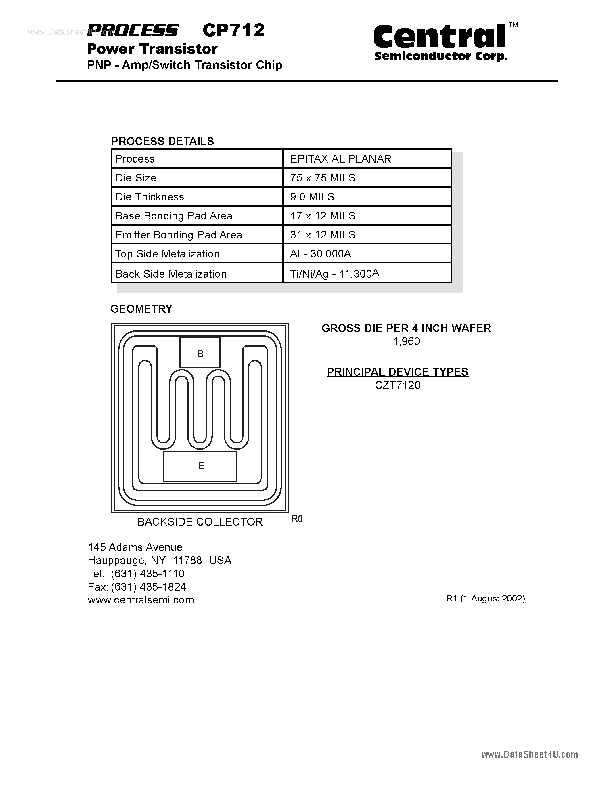 Datasheet CP712 page 1 Datasheet CP712 - Power Transistor PNP - Amp/Switch Transistor Chip page 1
