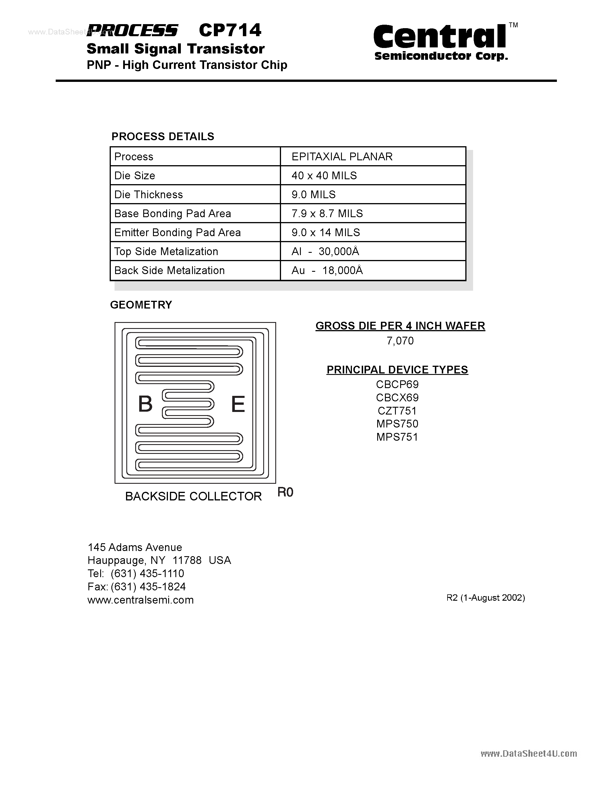 Datasheet CP714 page 1 Datasheet CP714 - Small Signal Transistor PNP - High Current Transistor Chip page 1