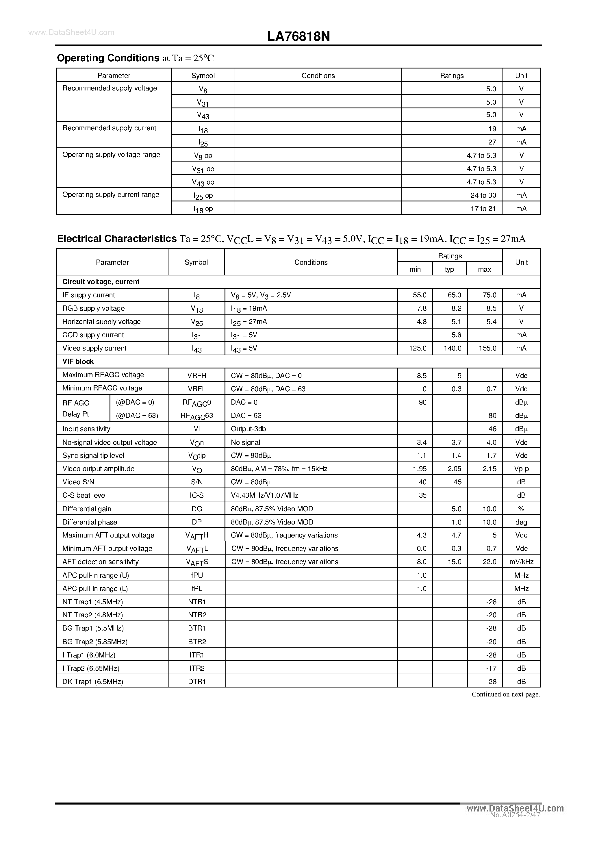 Datasheet LA76818N page 2 Datasheet LA76818N - VIF/SIF/Y/C/Deflection/CbCr IN/EW Implemented in a Single Chip page 2