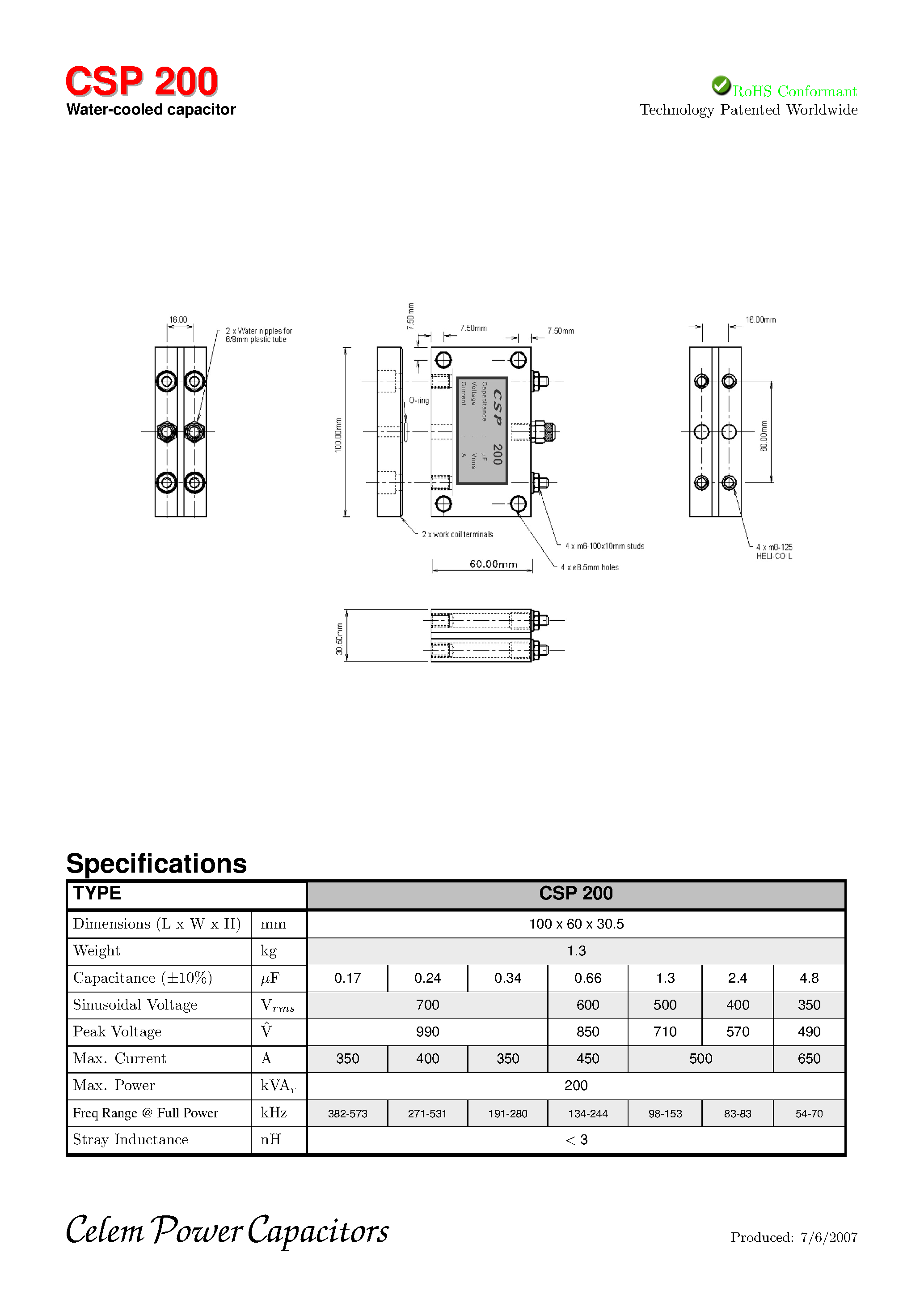Datasheet CSP200 - Water Cooled Capacitor page 1