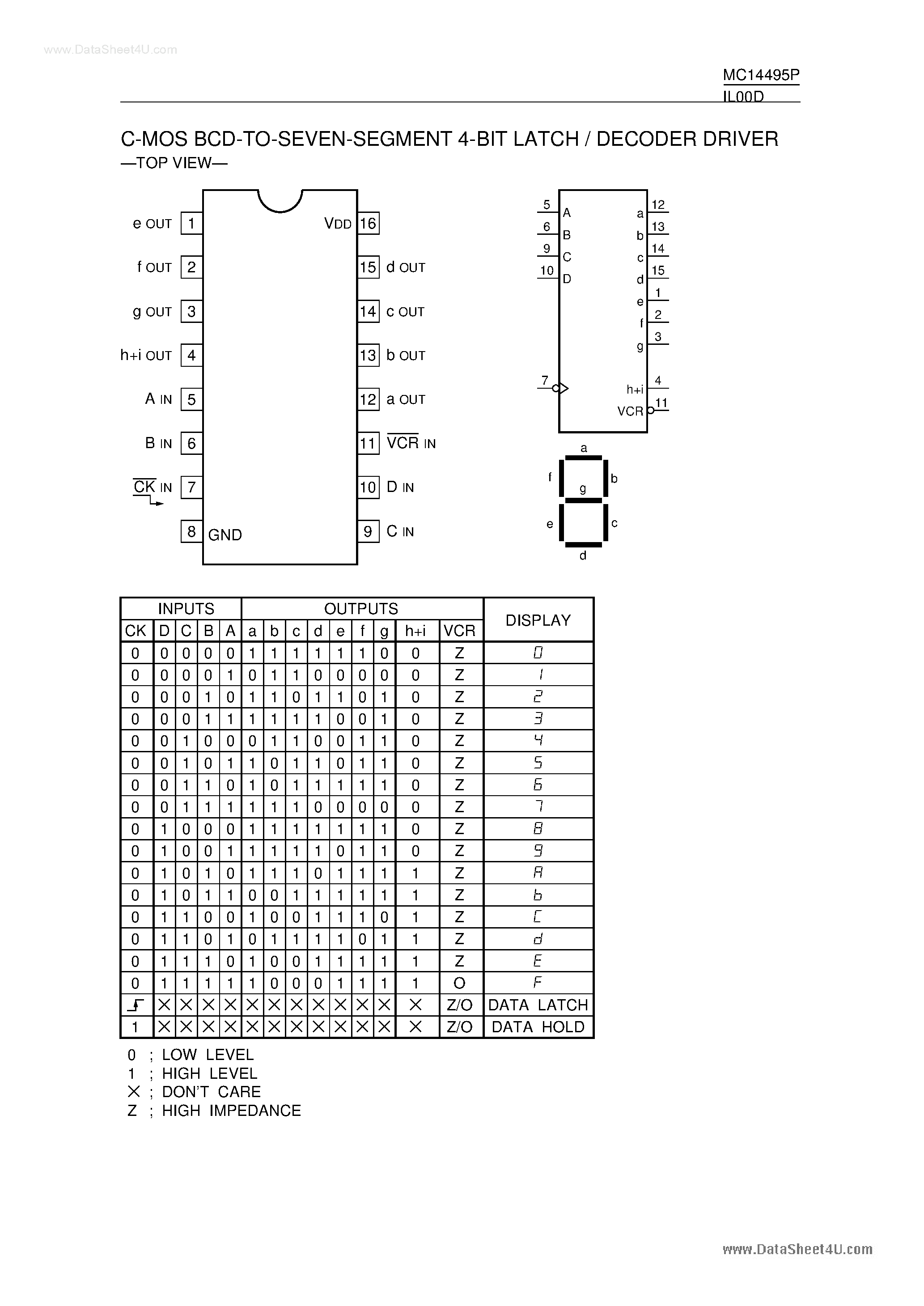 Даташит MC14495P - CMOS BCD-to-7 Segment 4-Bit Latch/Decoder Driver страница 1
