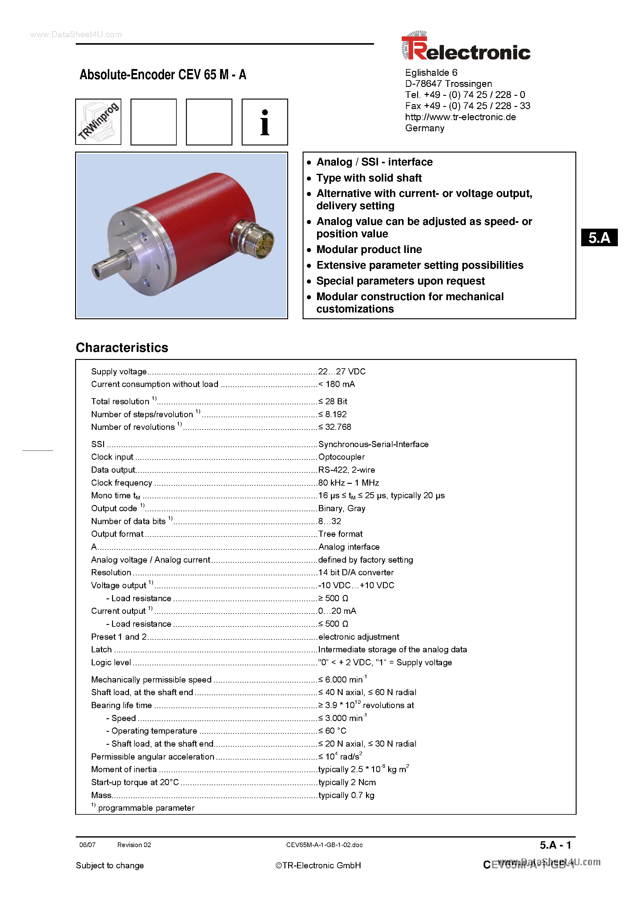 Datasheet CEV-65M-A page 1 Datasheet CEV-65M-A - Absolute Encoder page 1